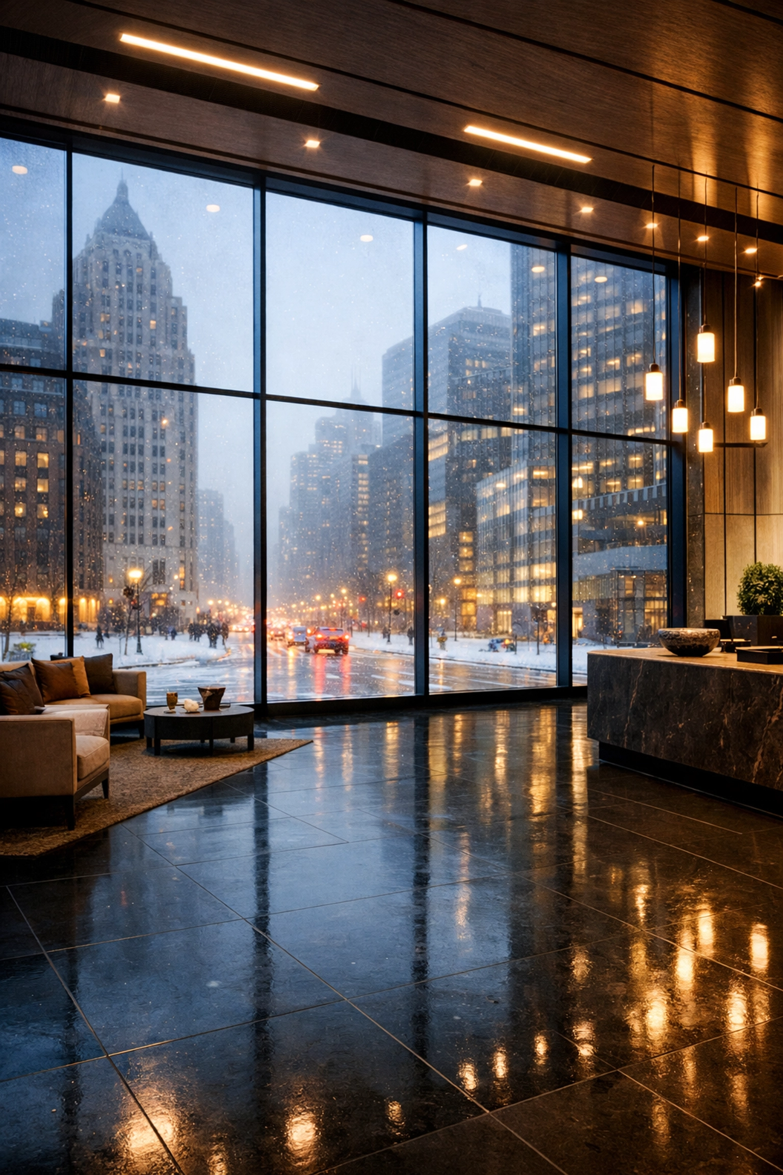 Impeccable lobby in Chicago with clean floors during a Midwest winter snowstorm.