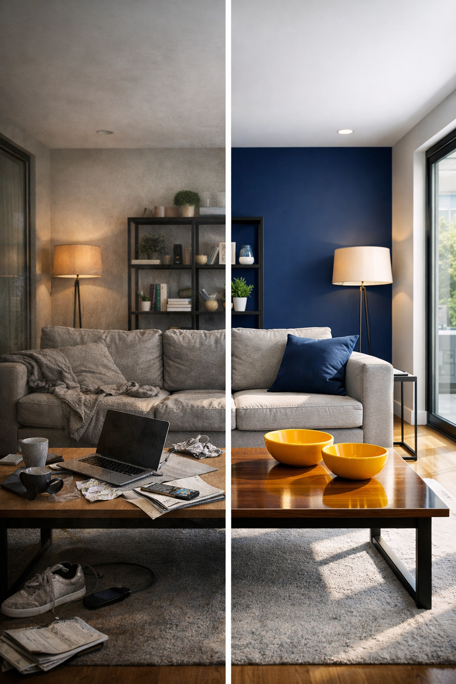 Before and after comparison of a living space transformed by professional house cleaning services MA.