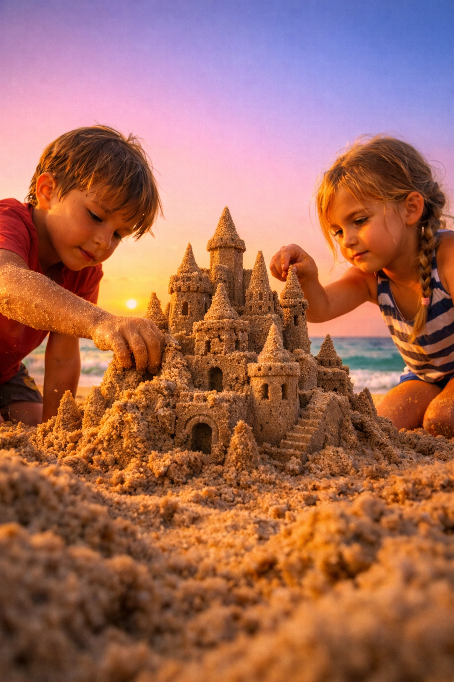 Two children building a sandcastle on a golden beach at sunset, a perfect family travel activity.