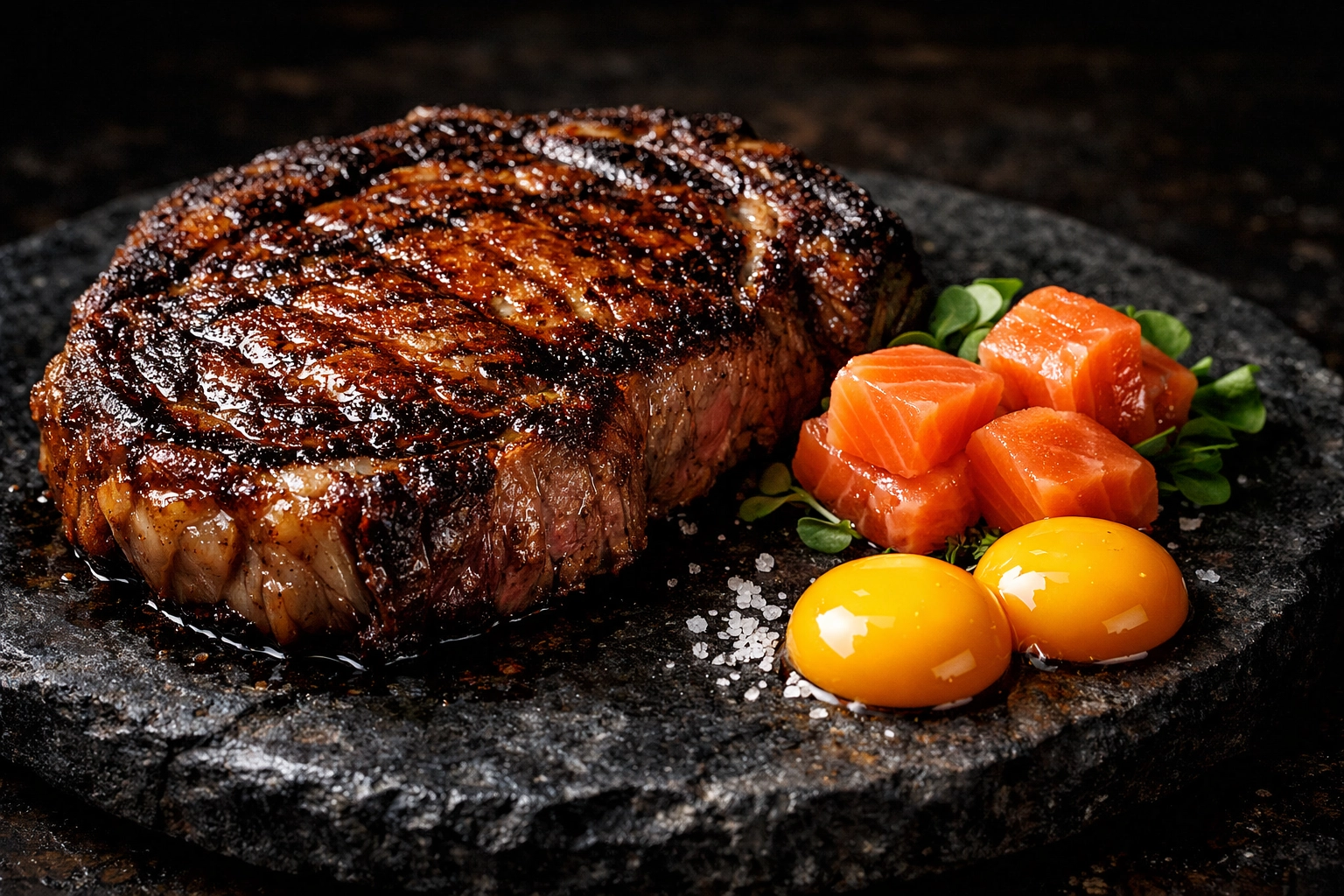 A platter with ribeye steak, salmon, and egg yolks representing high nutrient density in the carnivore diet.