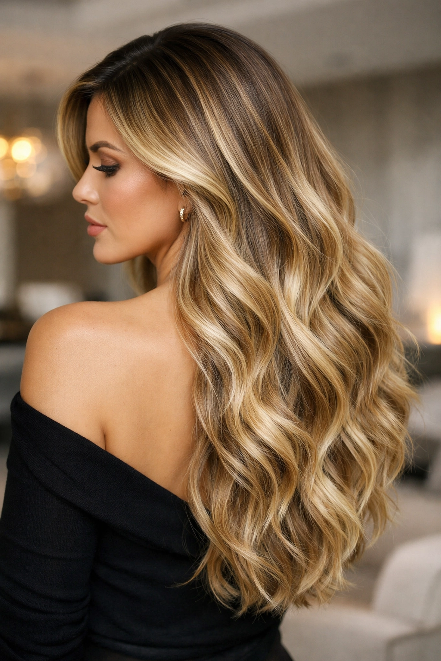 Dramatic hair color transformation with honey blonde and caramel tones on long wavy hair.