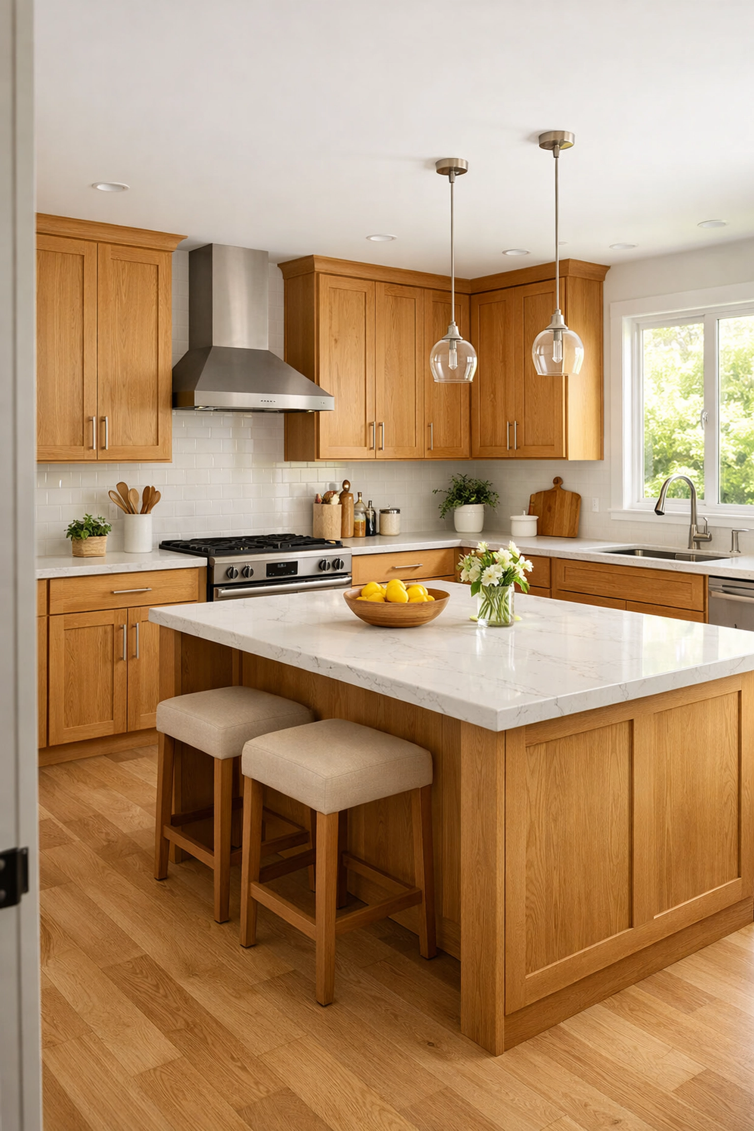 Modern kitchen with white oak Shaker cabinets and quartz countertops in Orlando home remodel