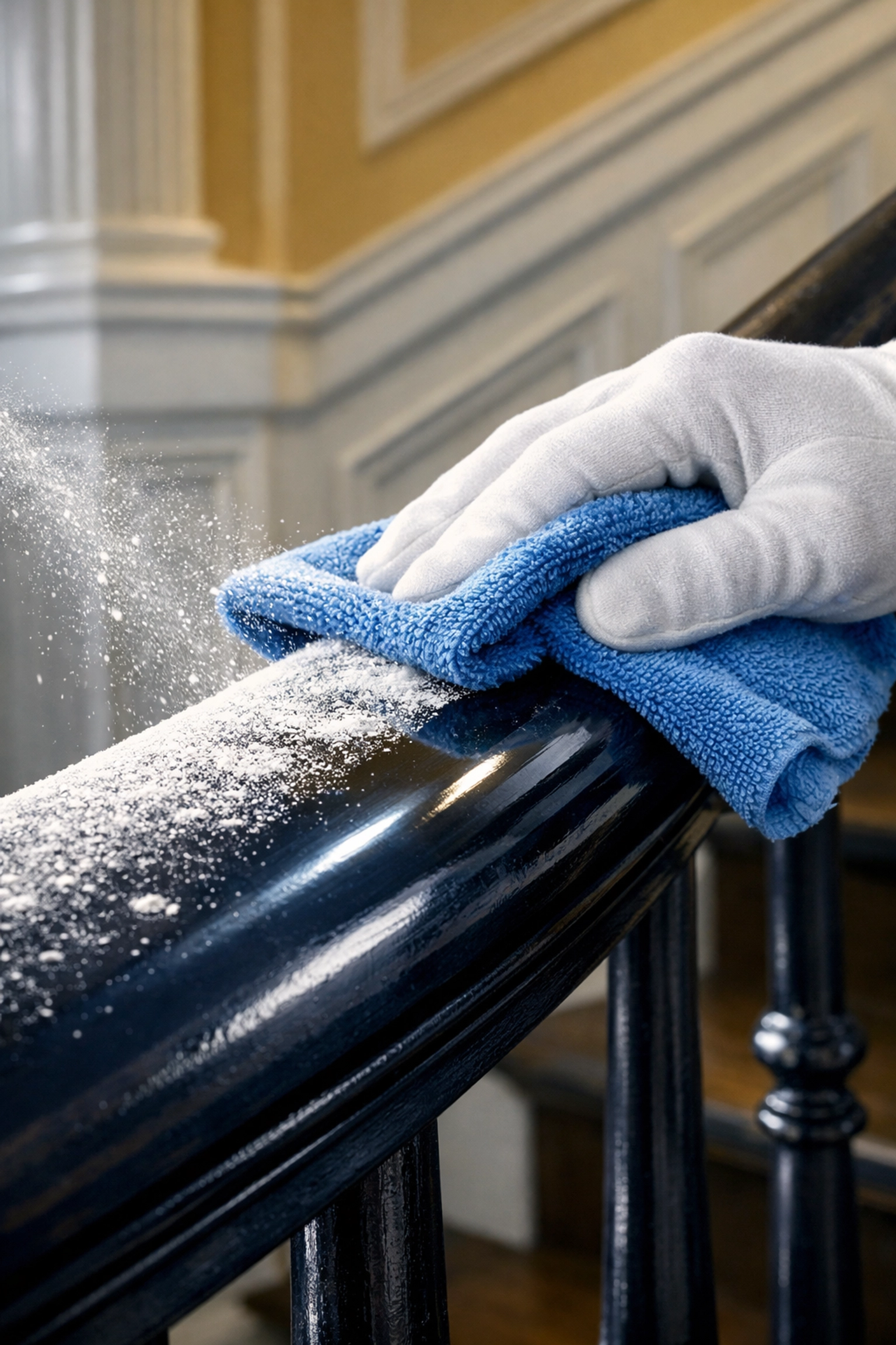 Close-up of fine drywall dust being removed from a staircase during post-construction cleaning MA.