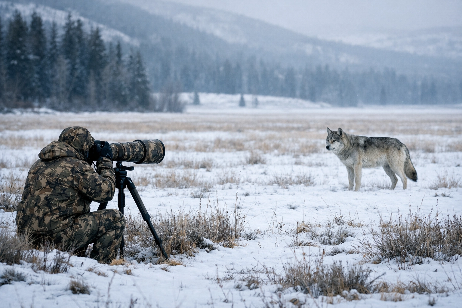 Ethical wildlife photography of a grey wolf in a snowy meadow from a respectful distance.