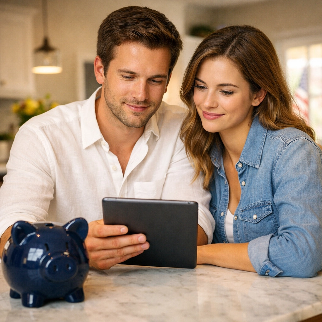 Texas couple at a kitchen counter using a tablet to manage credit utilization and financial goals.