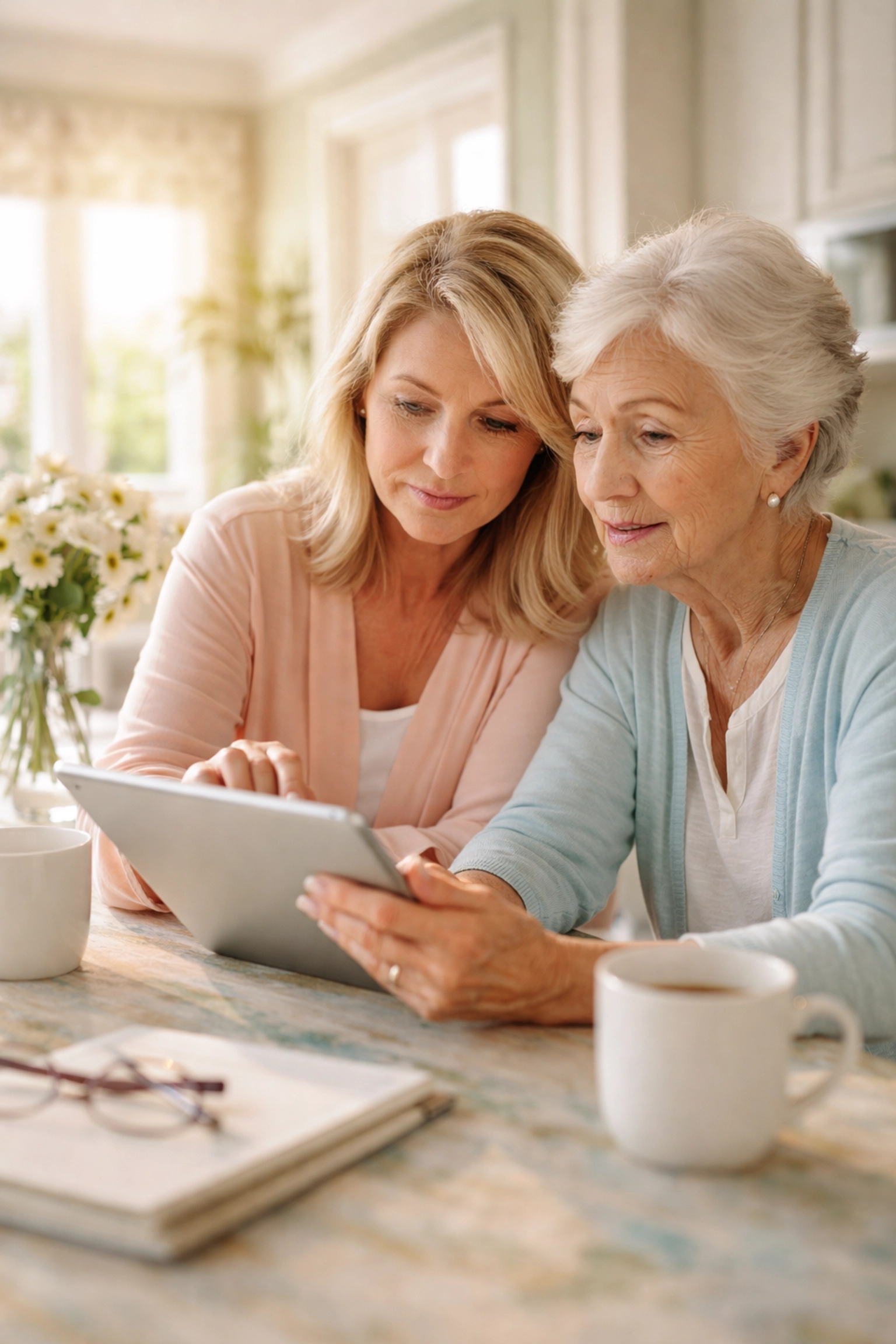 Adult daughter and elderly mother reviewing senior living options together in a sunny Florida kitchen.