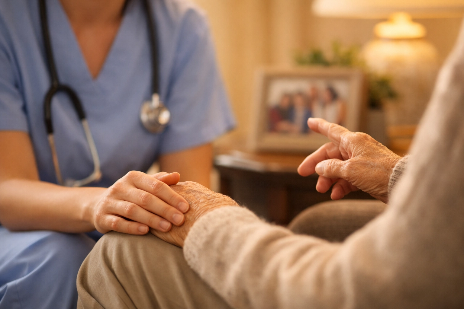 A compassionate nurse offers emotional support to a senior, focusing on holistic home healthcare.