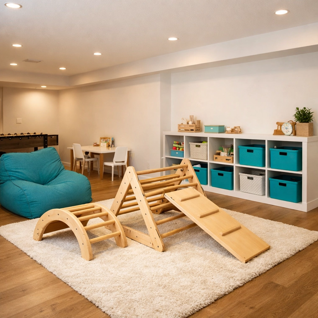 Functional basement playroom renovation with light wood floors and organized storage in a Saskatoon home.
