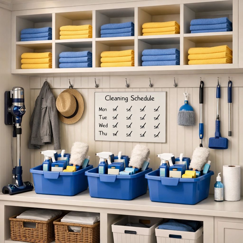 Organized mudroom with professional cleaning supplies, ready for residential cleaning in Westwood, MA.