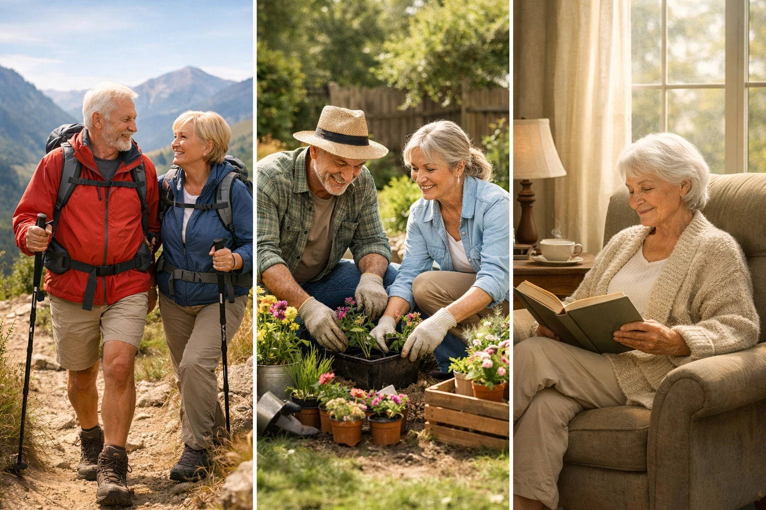 Three retirement lifestyle phases: active hiking, gardening, and quiet reading activities