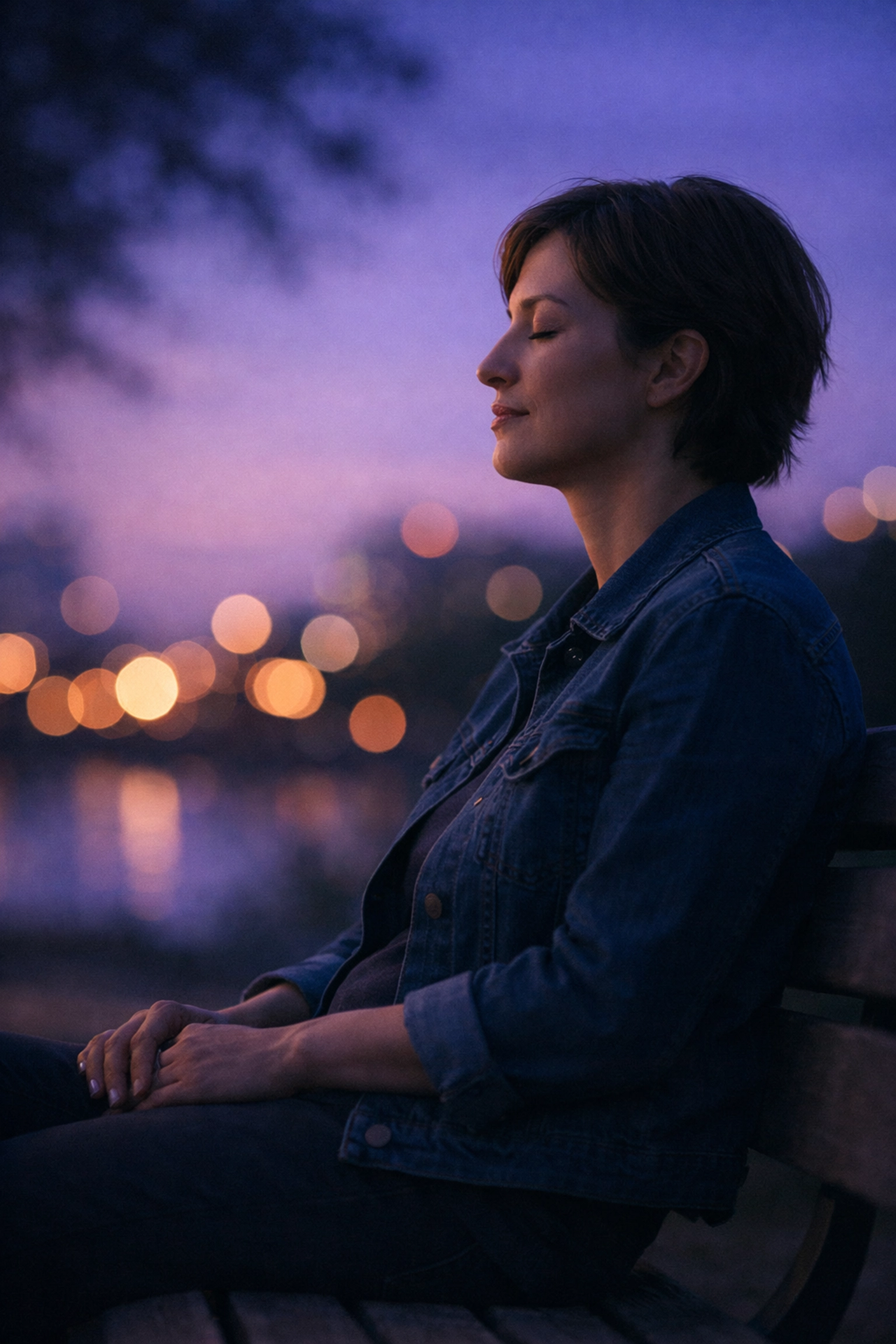 Person sitting peacefully on park bench in quiet reflection and prayer