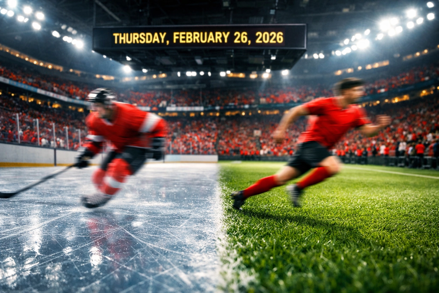 A split view of a professional hockey rink and soccer field in a modern Montreal sports arena.