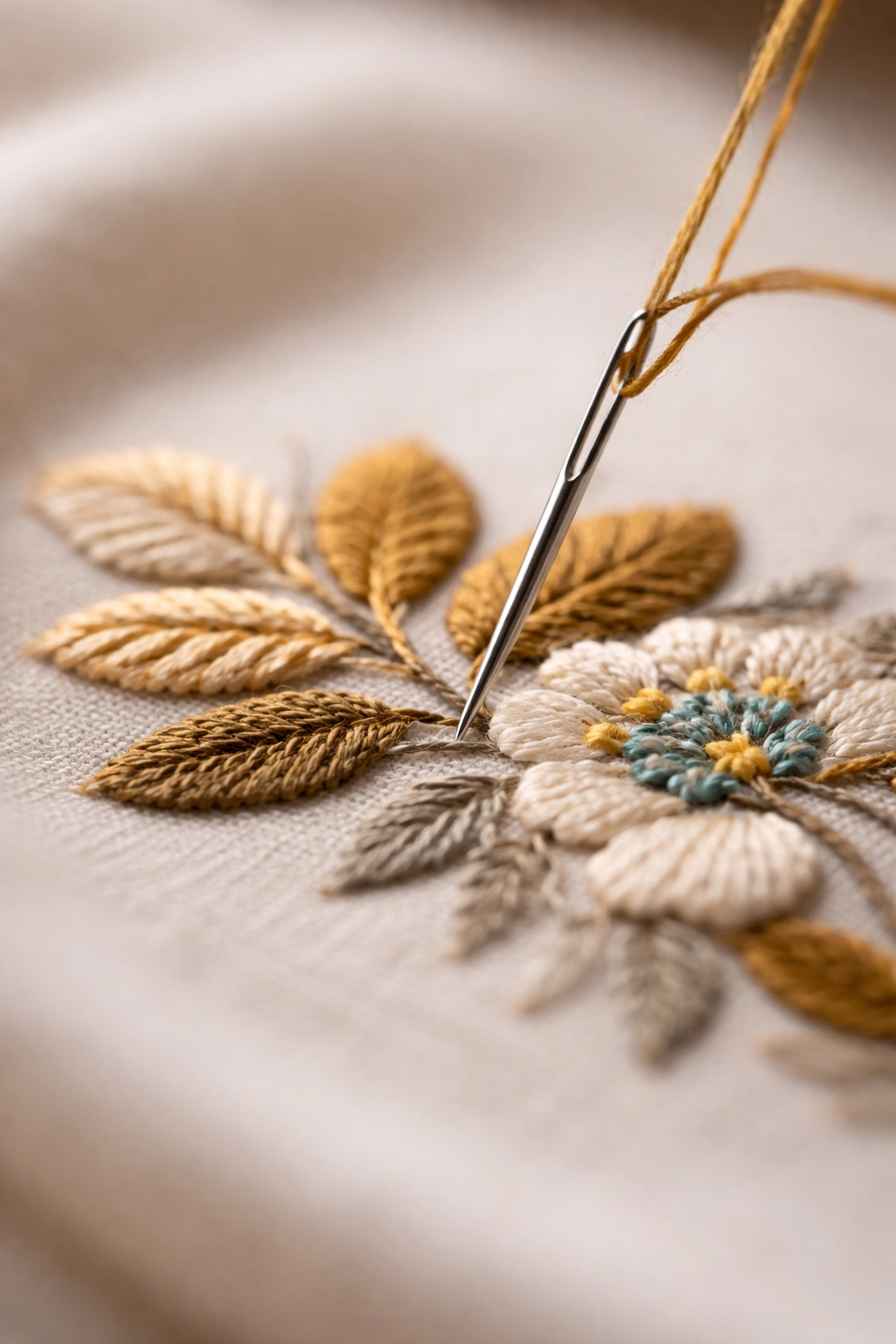 Close-up of detailed embroidery stitching on custom apparel, highlighting craftsmanship and technique.