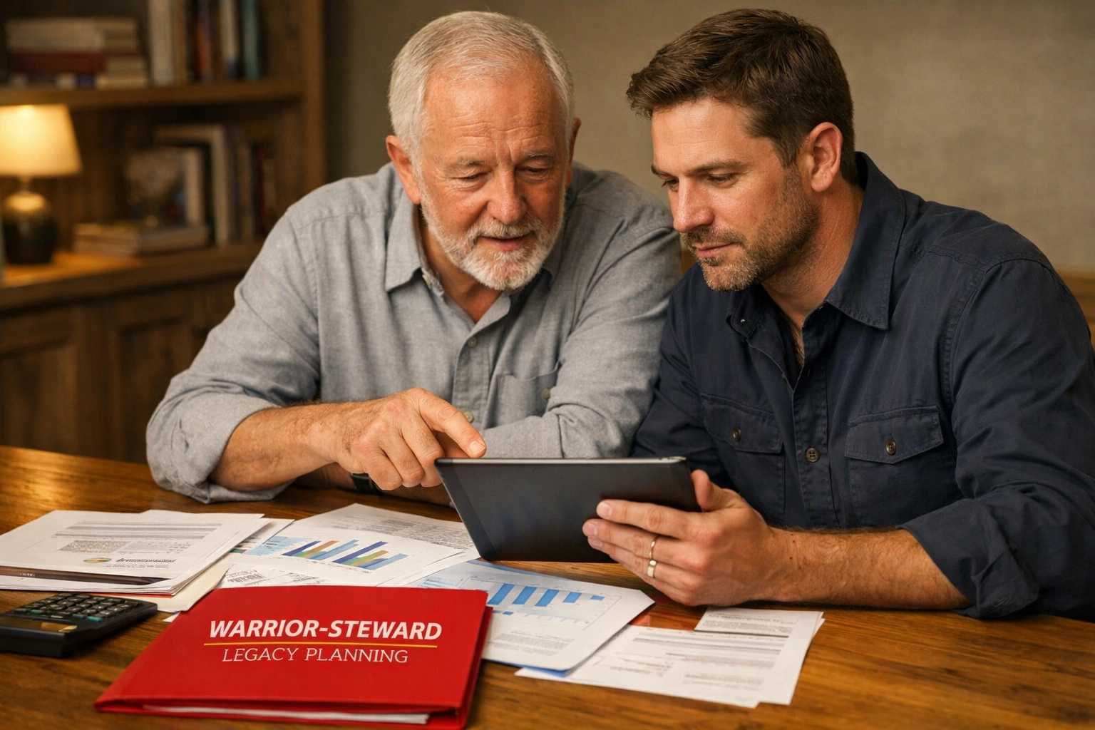 Father and son reviewing financial documents for senior care and legacy planning in a home office.