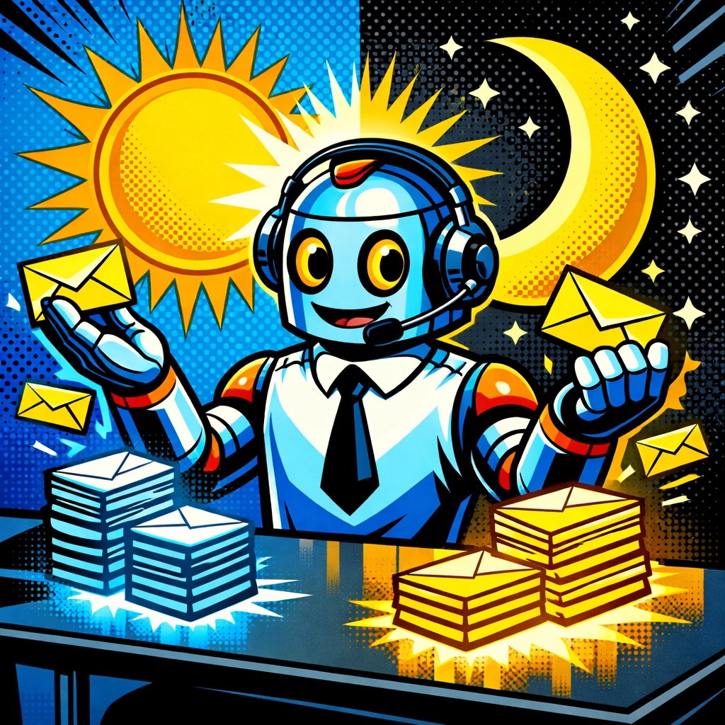 A friendly AI virtual assistant robot at a desk sorting digital customer support emails efficiently.