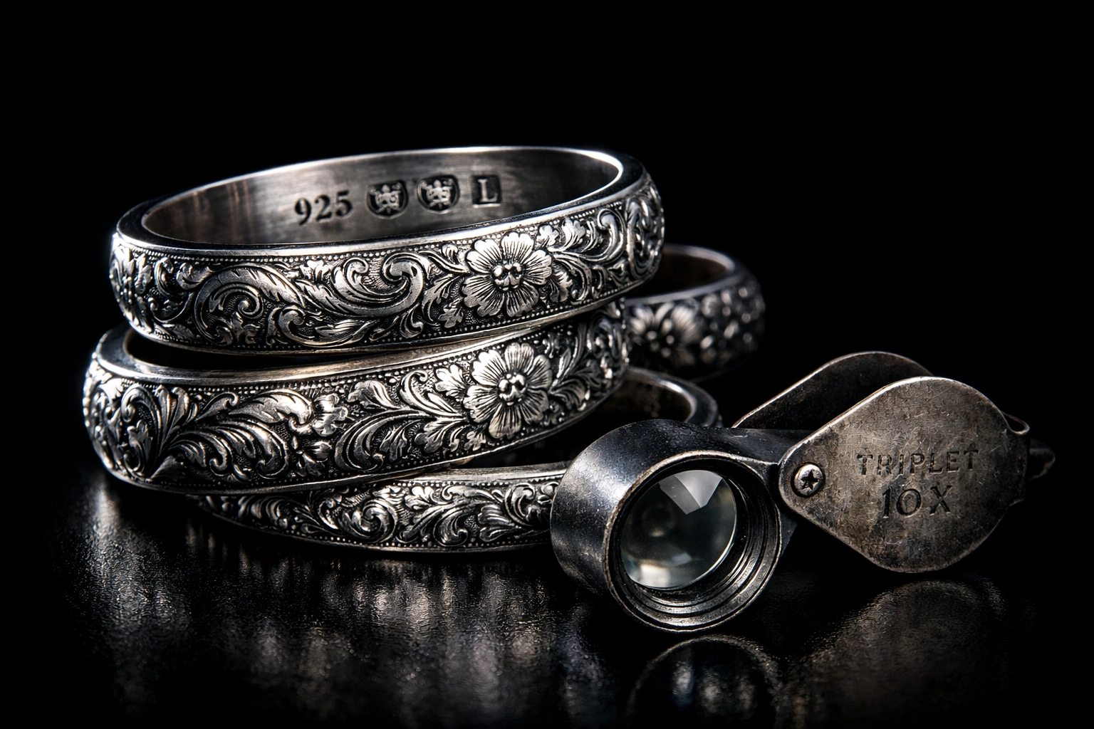 Antique sterling silver bangles with floral engravings and a jeweler's loupe for hallmark verification.