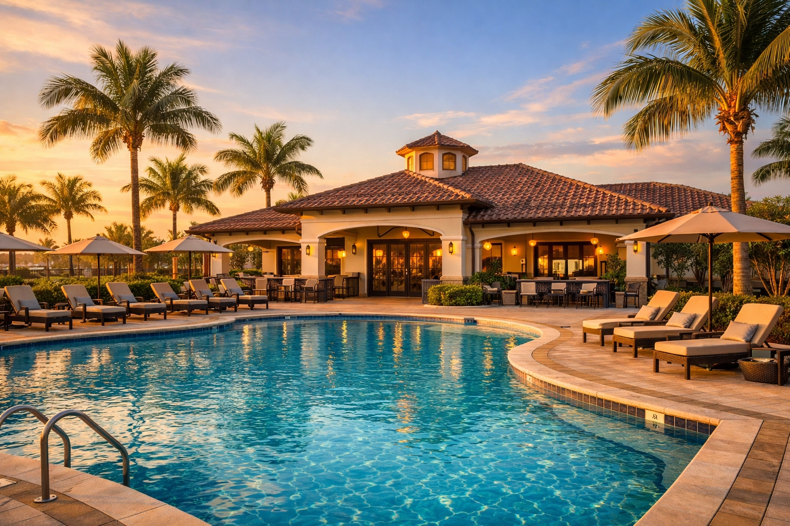 Resort-style pool and clubhouse amenities at SWFL gated community with low HOA fees