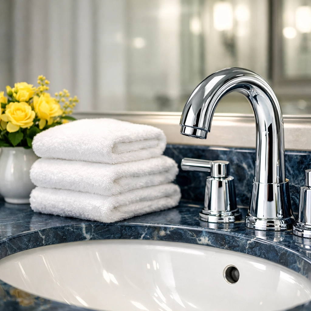 Deeply sanitized apartment bathroom vanity with polished chrome fixtures and clean marble counters.