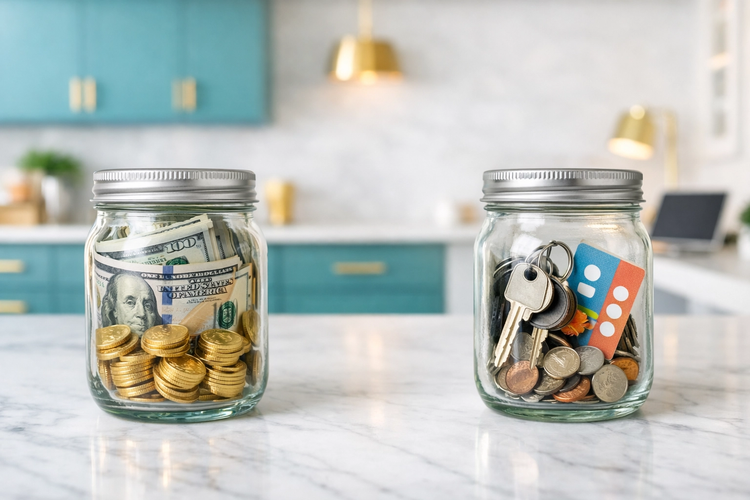 Two glass jars separating business income and personal expenses for organized tax preparation.
