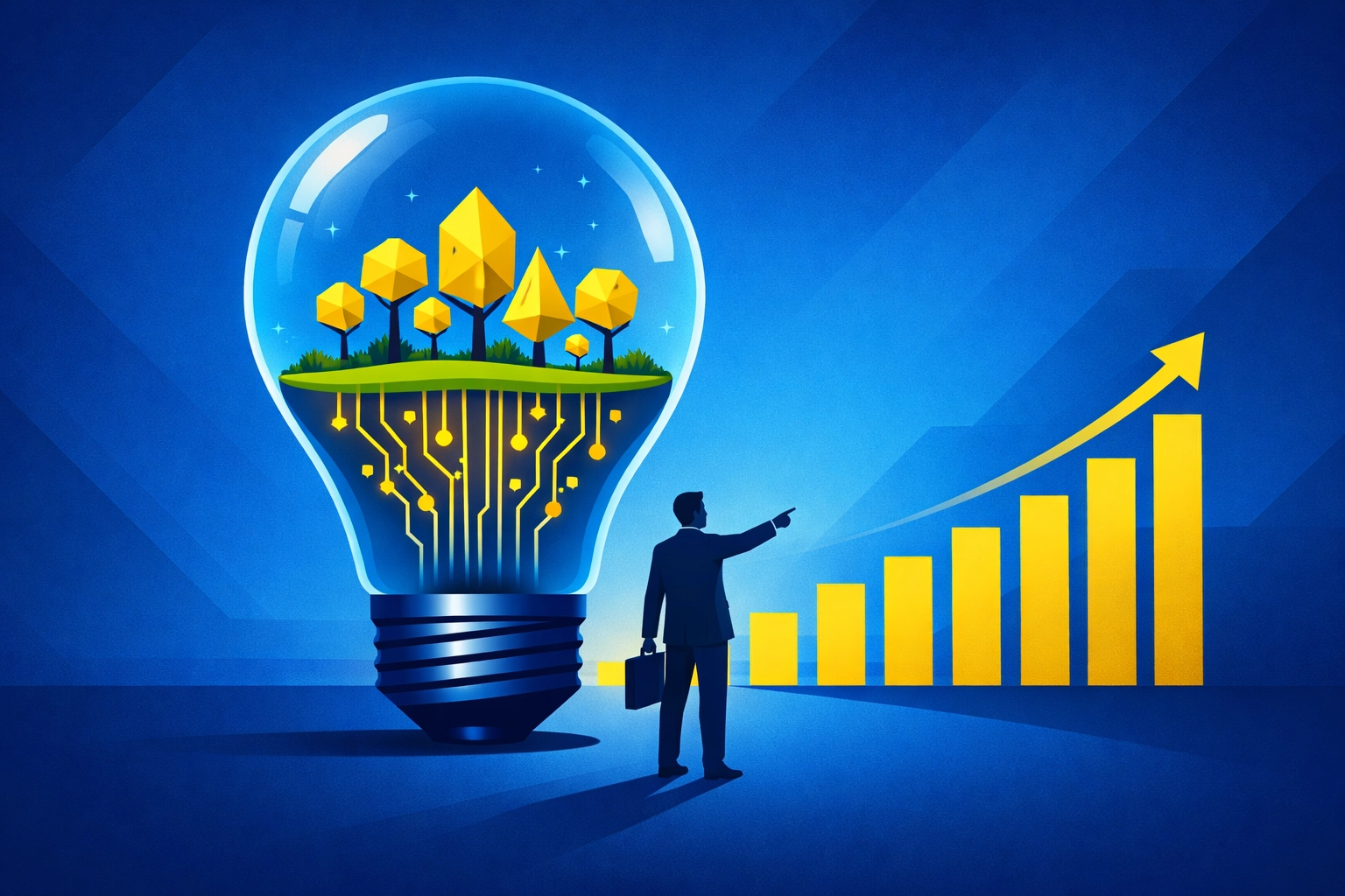Illustration of an AI lightbulb and growth charts representing modern business marketing strategy.