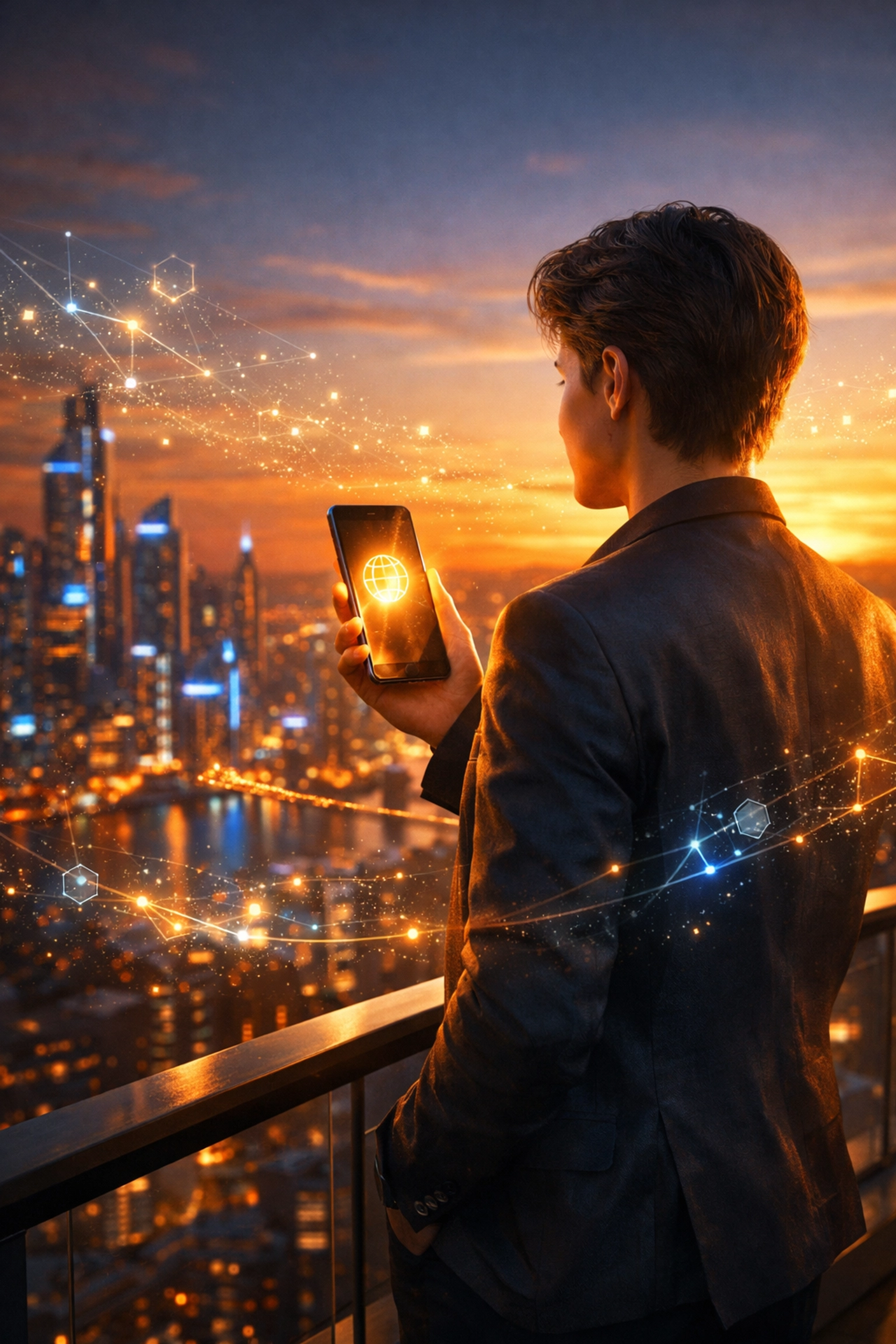 Entrepreneur managing decentralized crypto payments via a smartphone in a futuristic city environment.