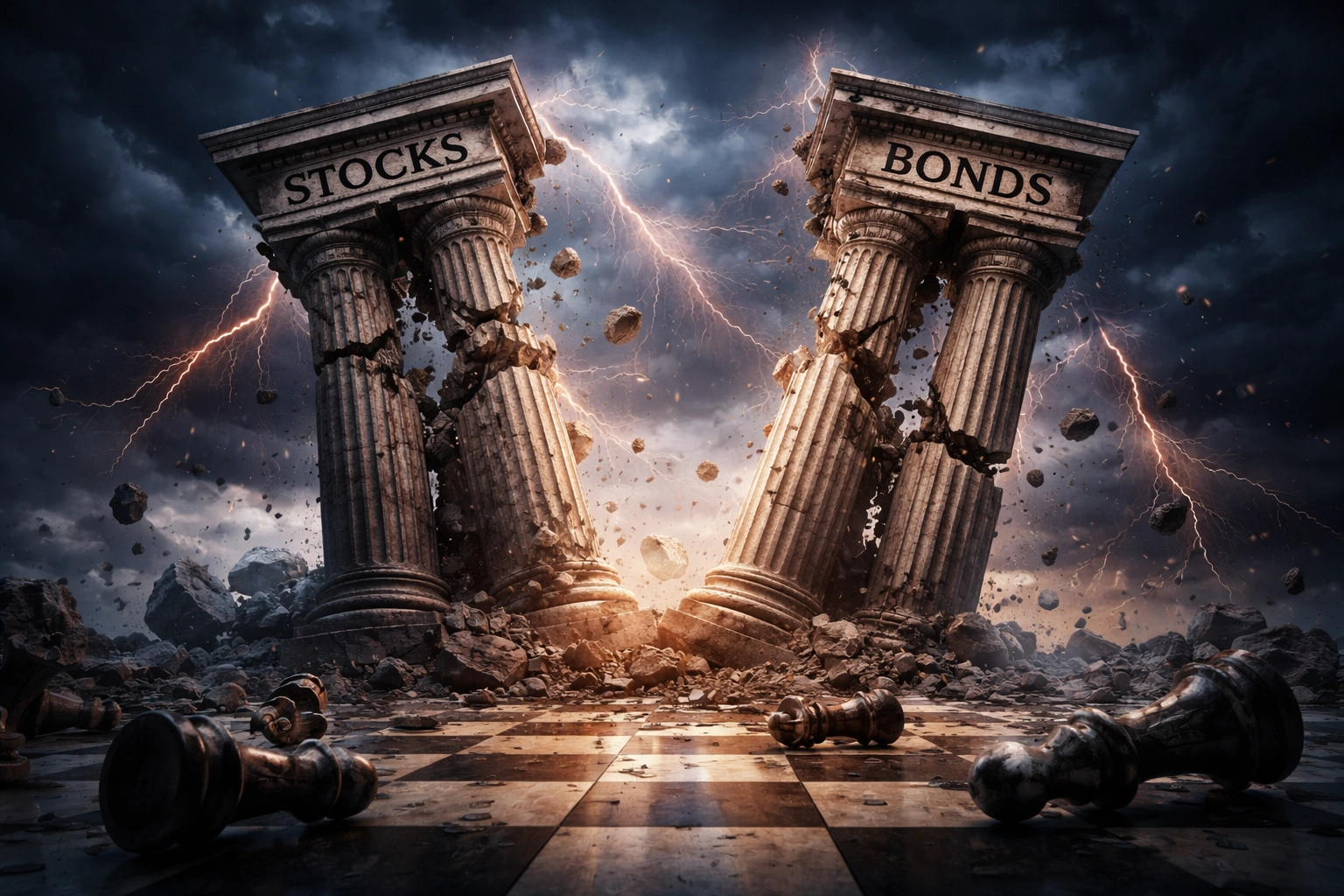 Crumbling pillars under a stormy sky symbolize the failure of traditional 60/40 portfolio diversification for accredited investors.