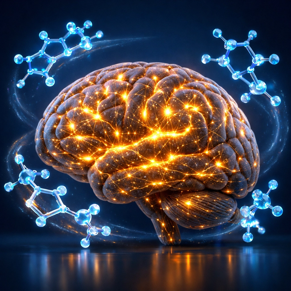Illustration of psilocin molecules and neural pathways showing brain repair and cognitive mental health benefits.