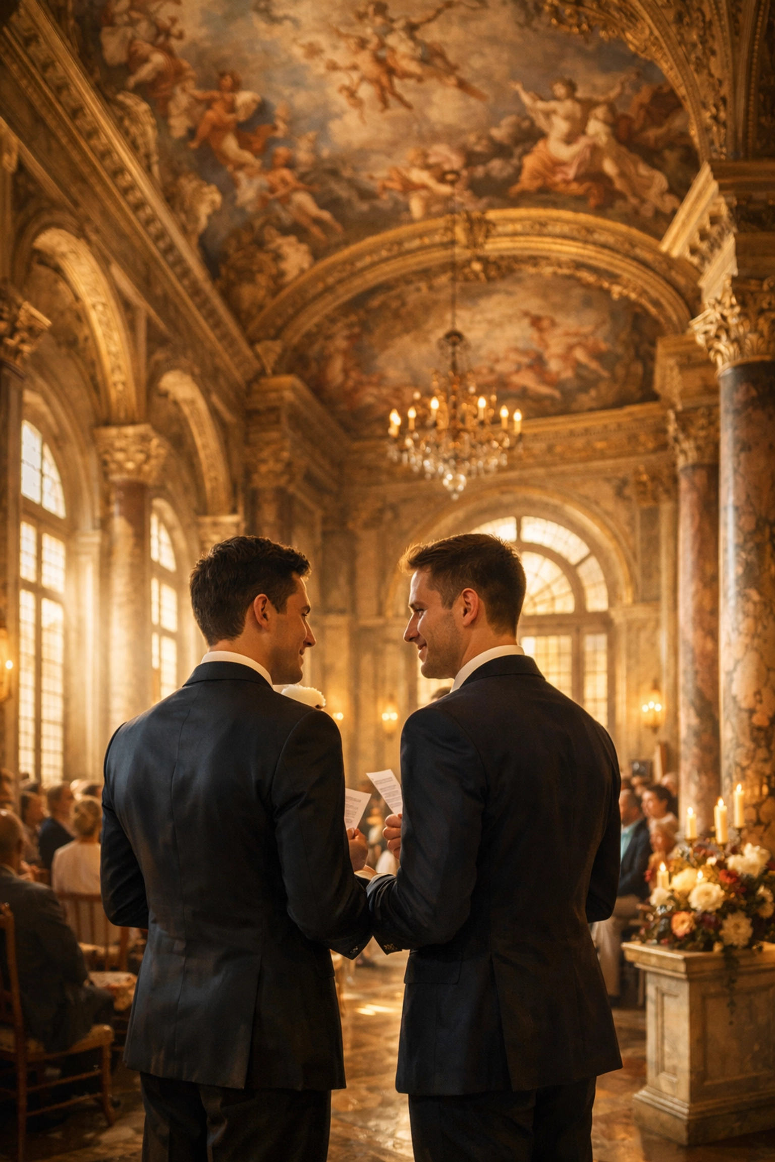 Same-sex wedding ceremony in historic Renaissance palace with frescoed ceilings in Florence