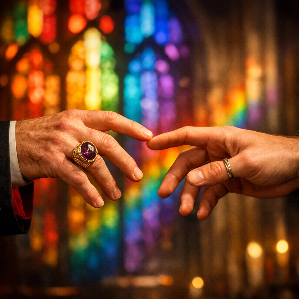 Two men's hands reaching toward each other with clerical ring and stained glass