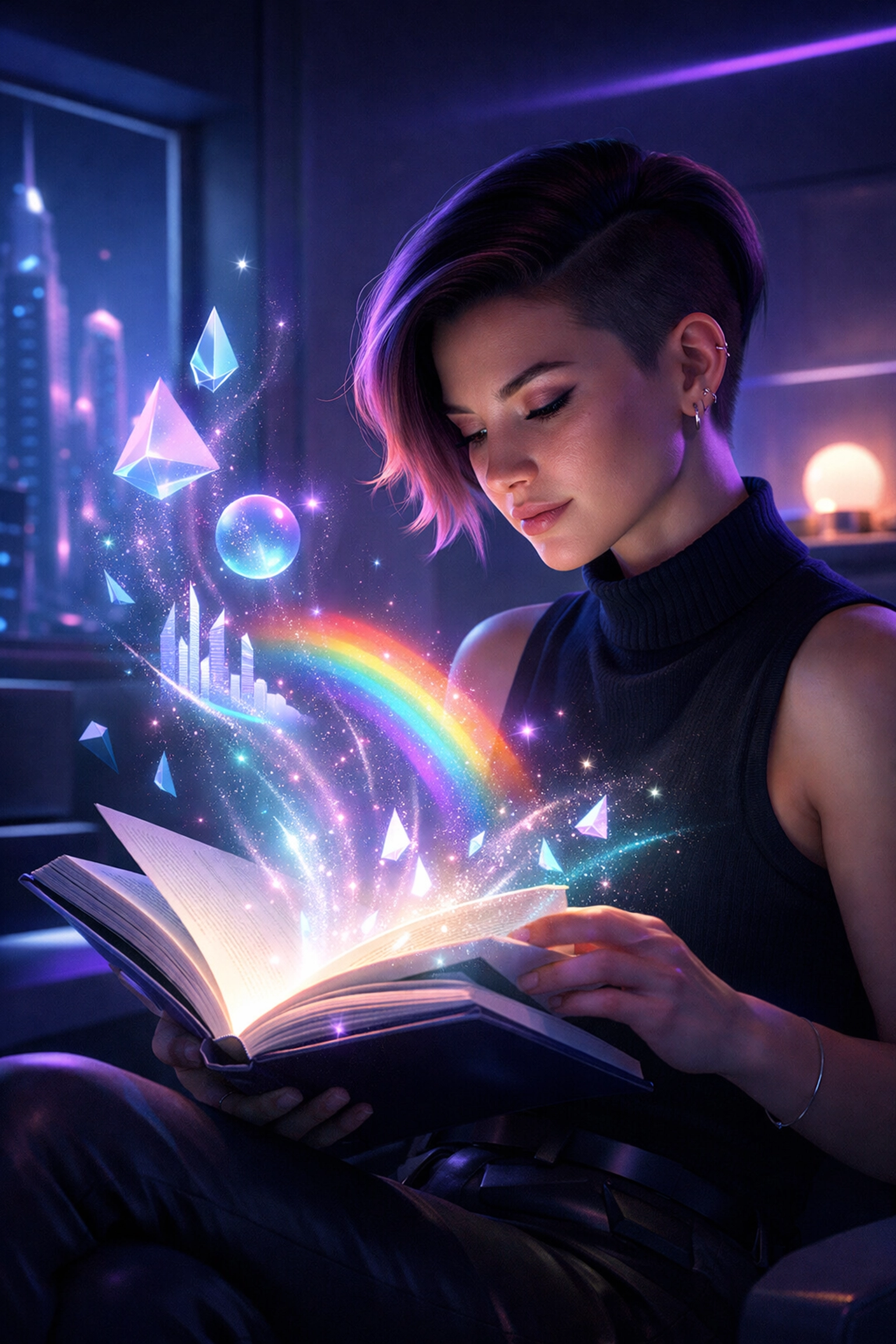 Lesbian woman immersed in a visionary book, representing the power of gay fantasy romance and queer future visions.