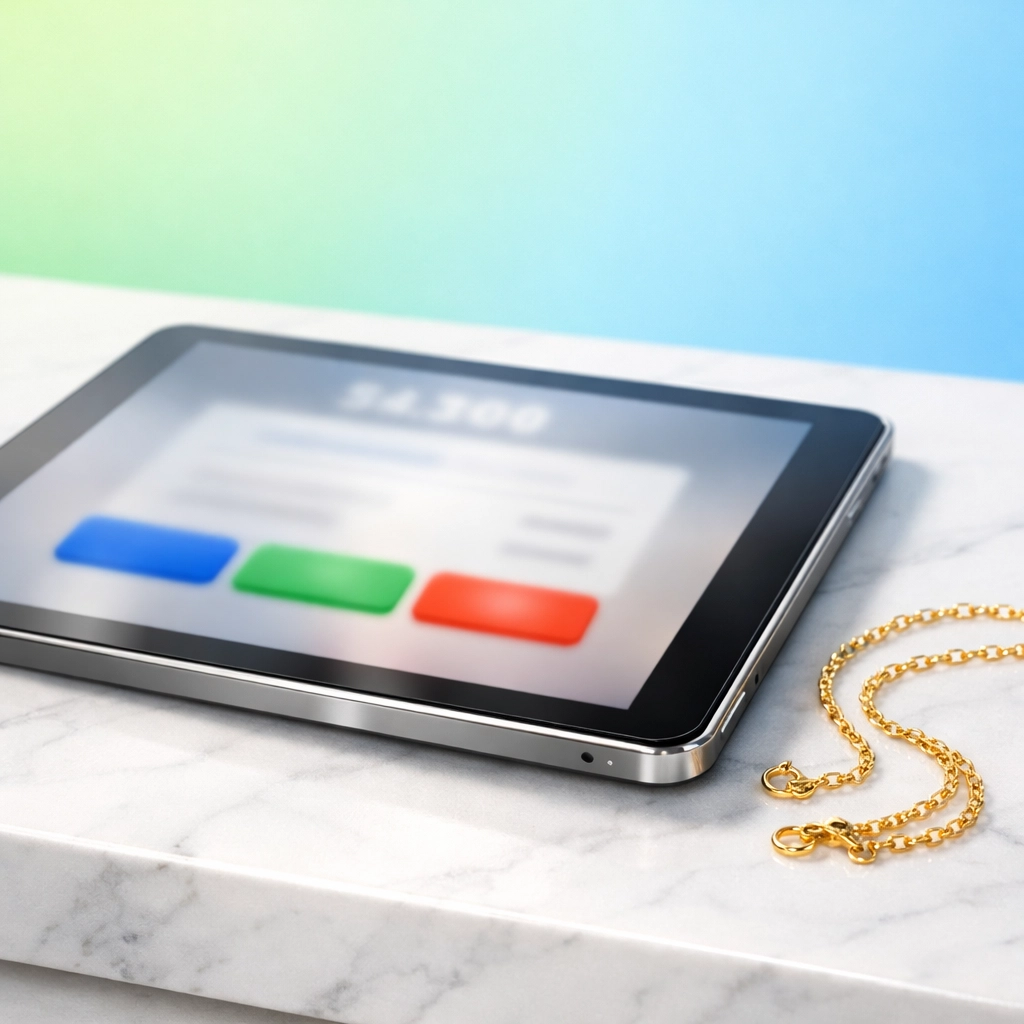 A tablet showing an online jewelry auction interface next to a fine gold chain.
