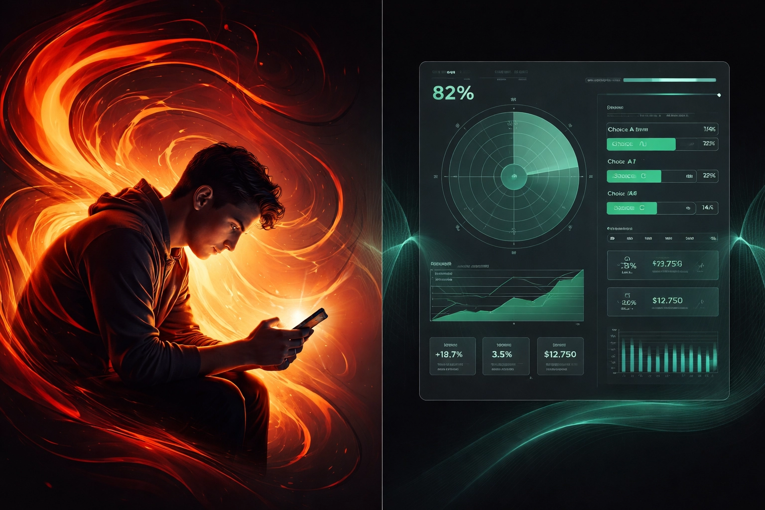 Split image contrasting impulsive betting on the left with data-driven football betting analysis on the right, highlighting predictive model benefits.