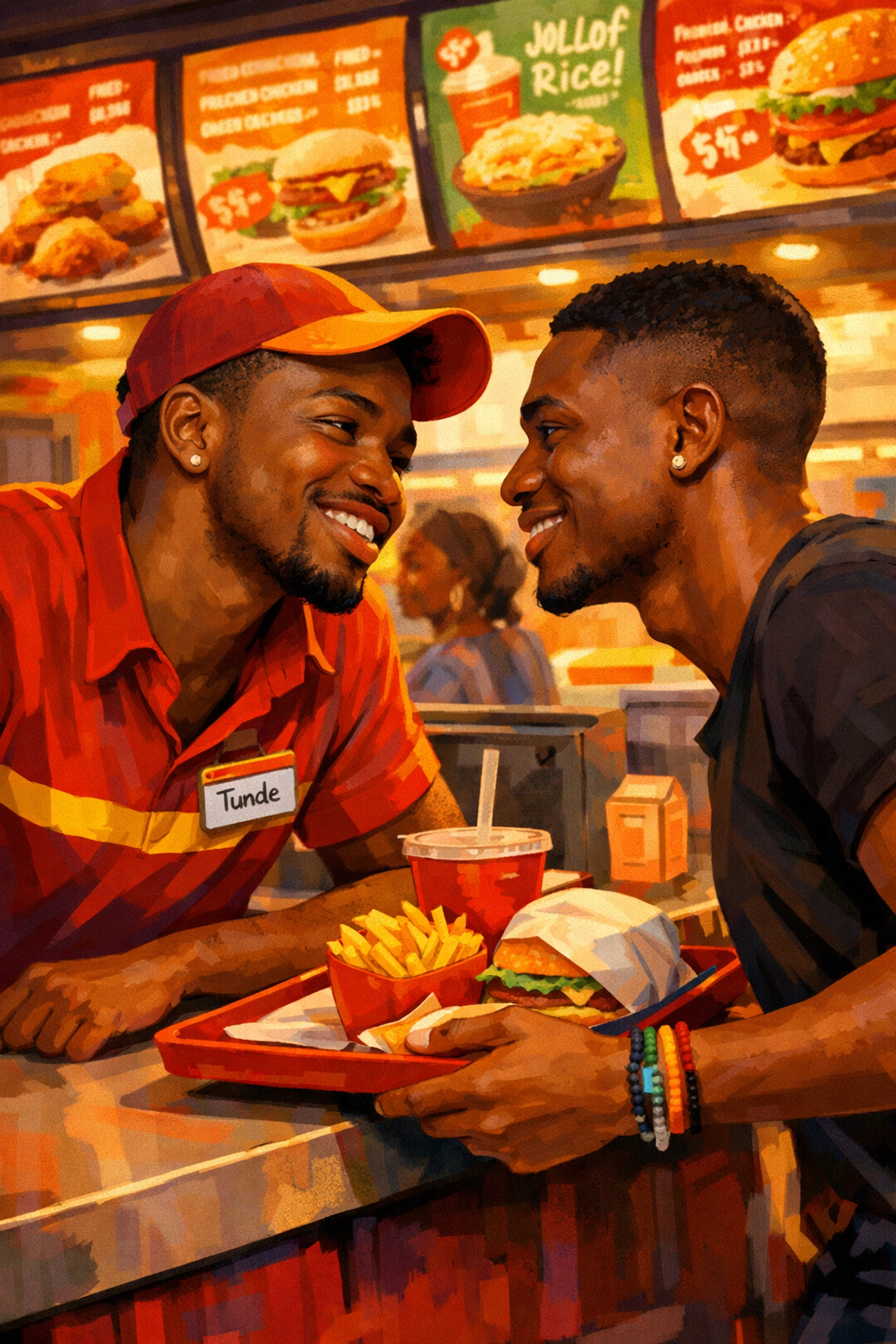 Two gay men meeting at Lagos restaurant counter in MM romance first connection moment