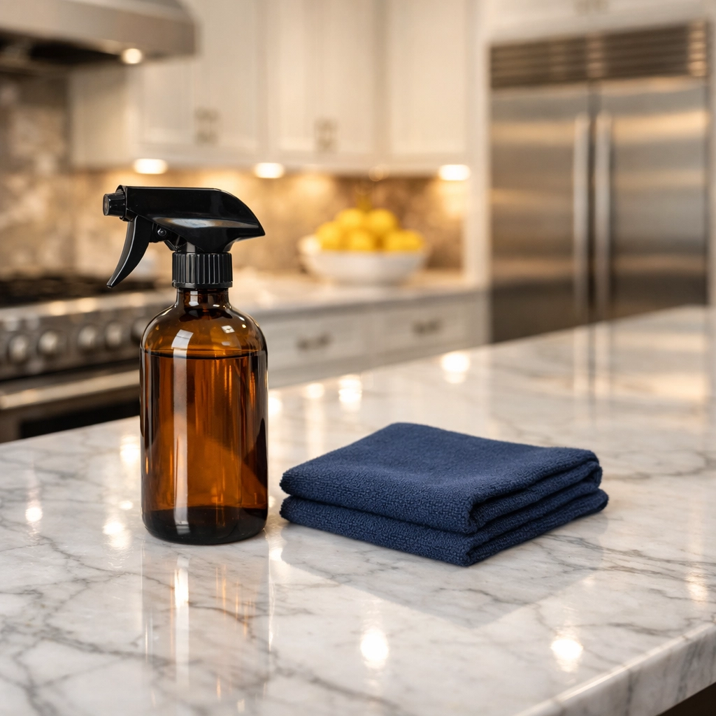 Sanitized marble kitchen island cleaned by Westford's best residential house cleaning team.
