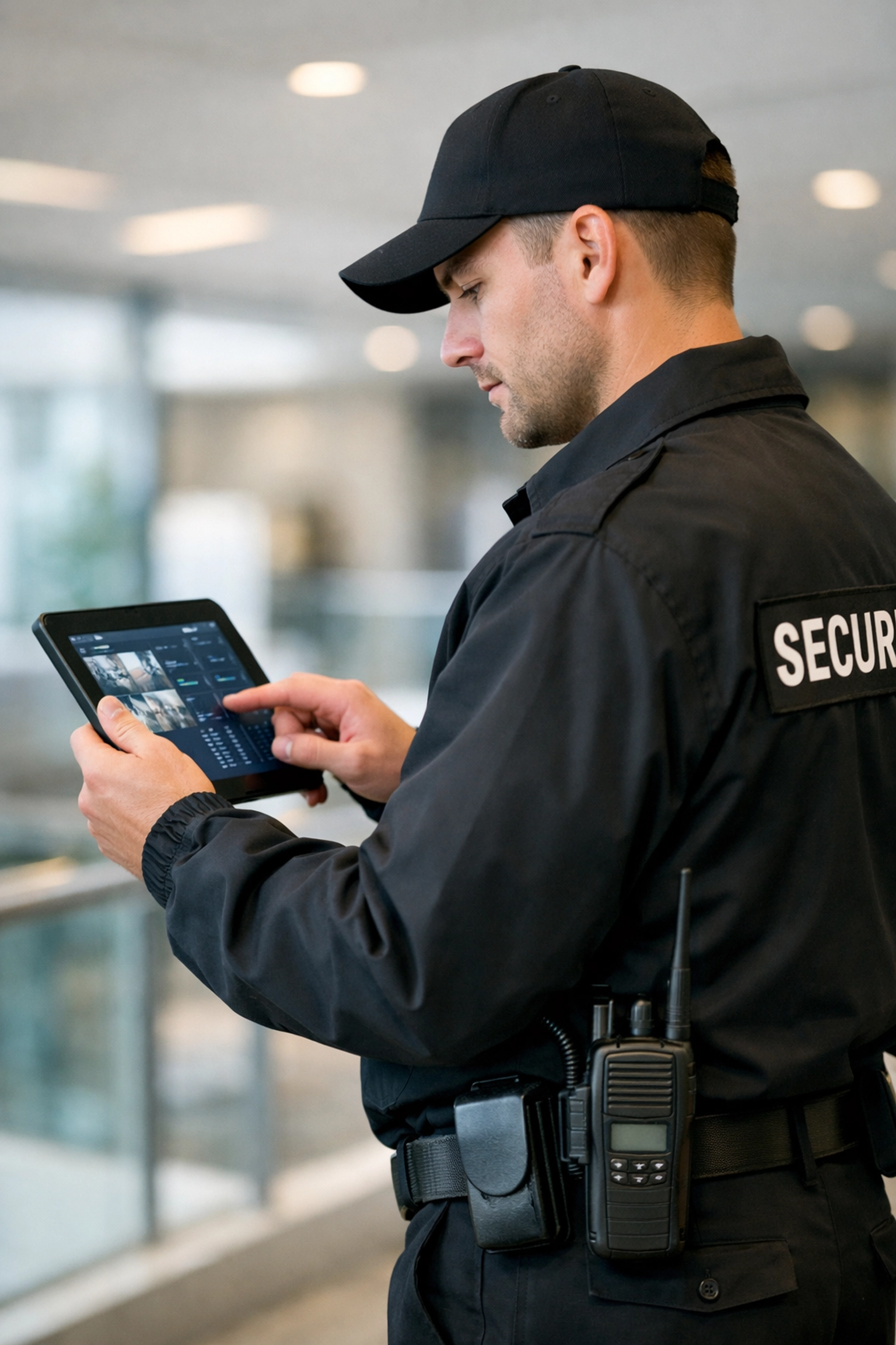 Security guard using tablet for digital monitoring and real-time reporting system