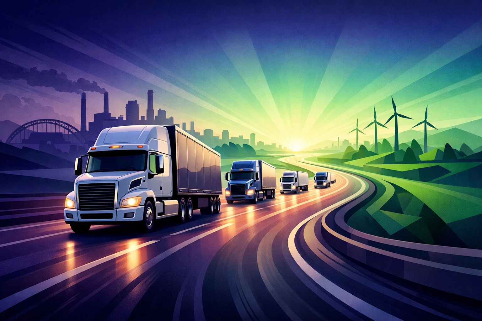 Fleet of trucks on a highway representing Class 1 and Class 2 HGV driver jobs in Manchester and Liverpool.