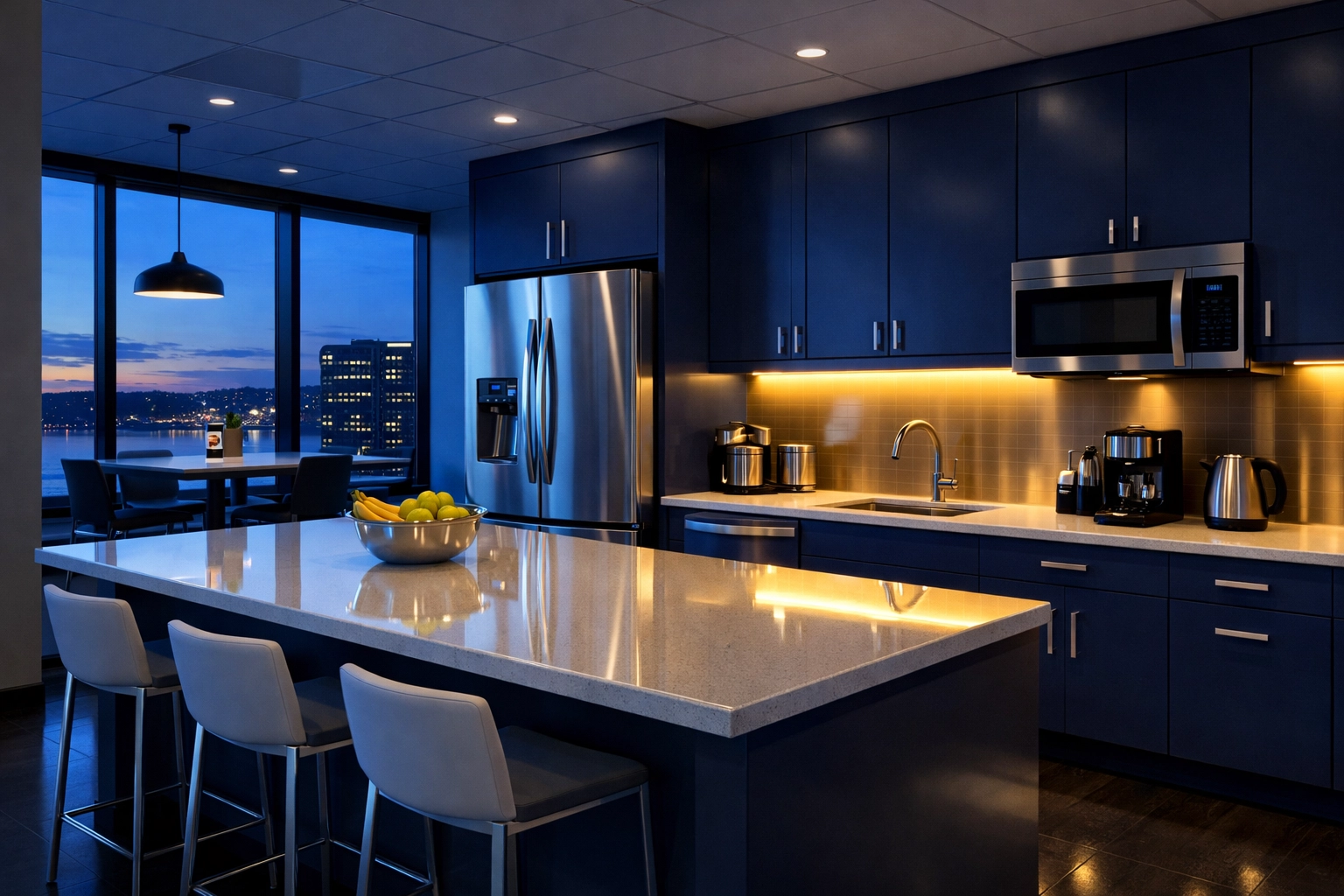 Impeccably clean modern office breakroom with streak-free surfaces, demonstrating reliable janitorial services.