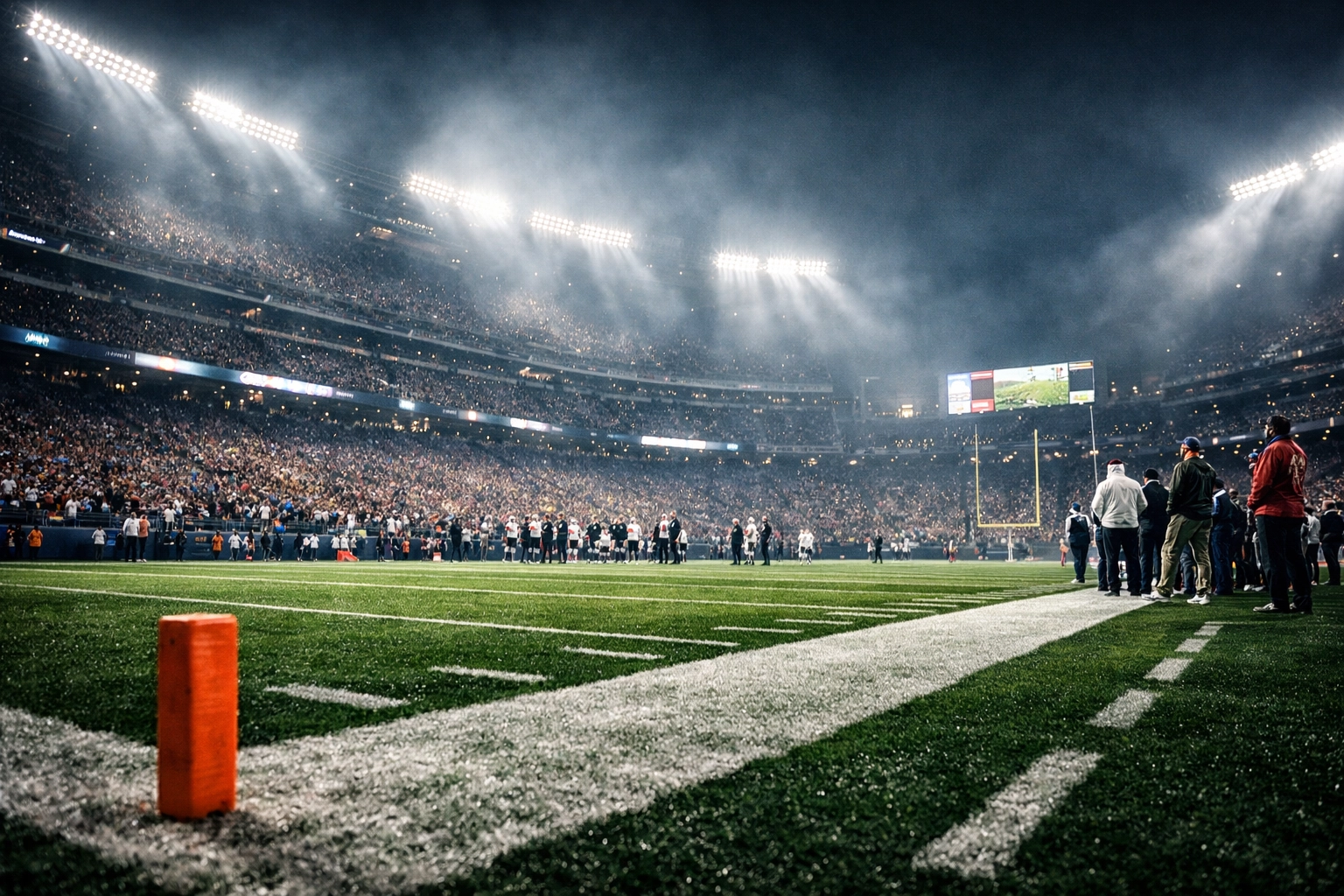 Packed football stadium at night under bright floodlights representing traditional sports marketing and Super Bowl ads.