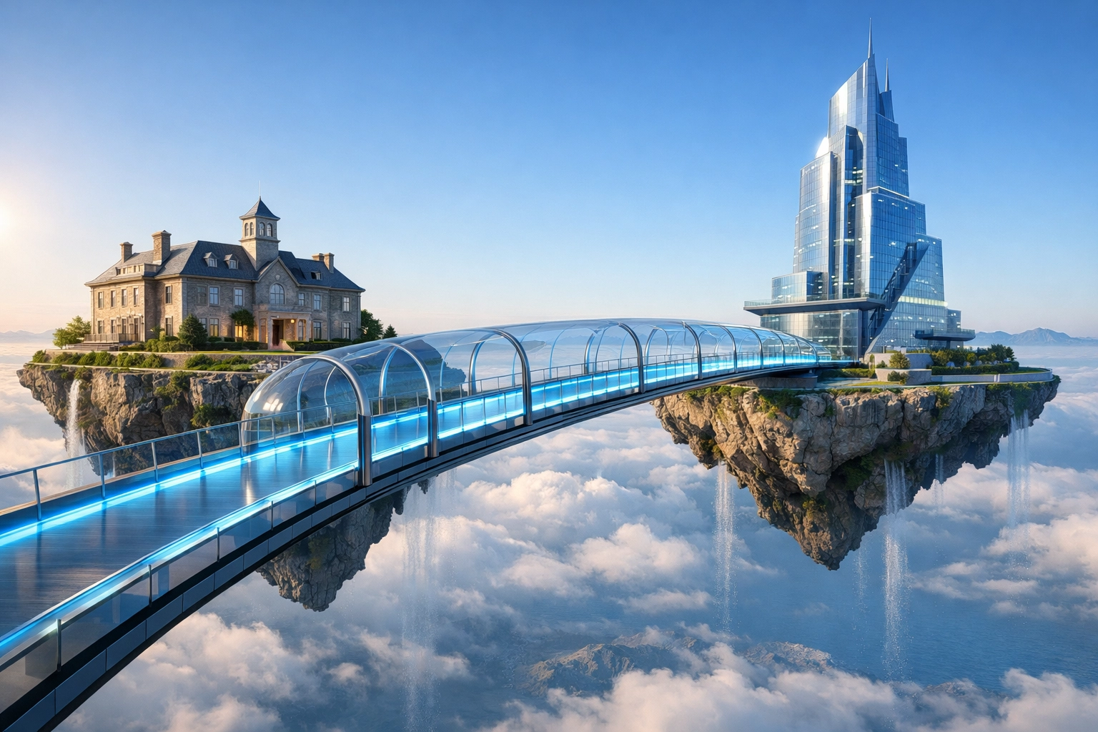 A glowing bridge symbolizing the stable transition of property management agreements between business owners.