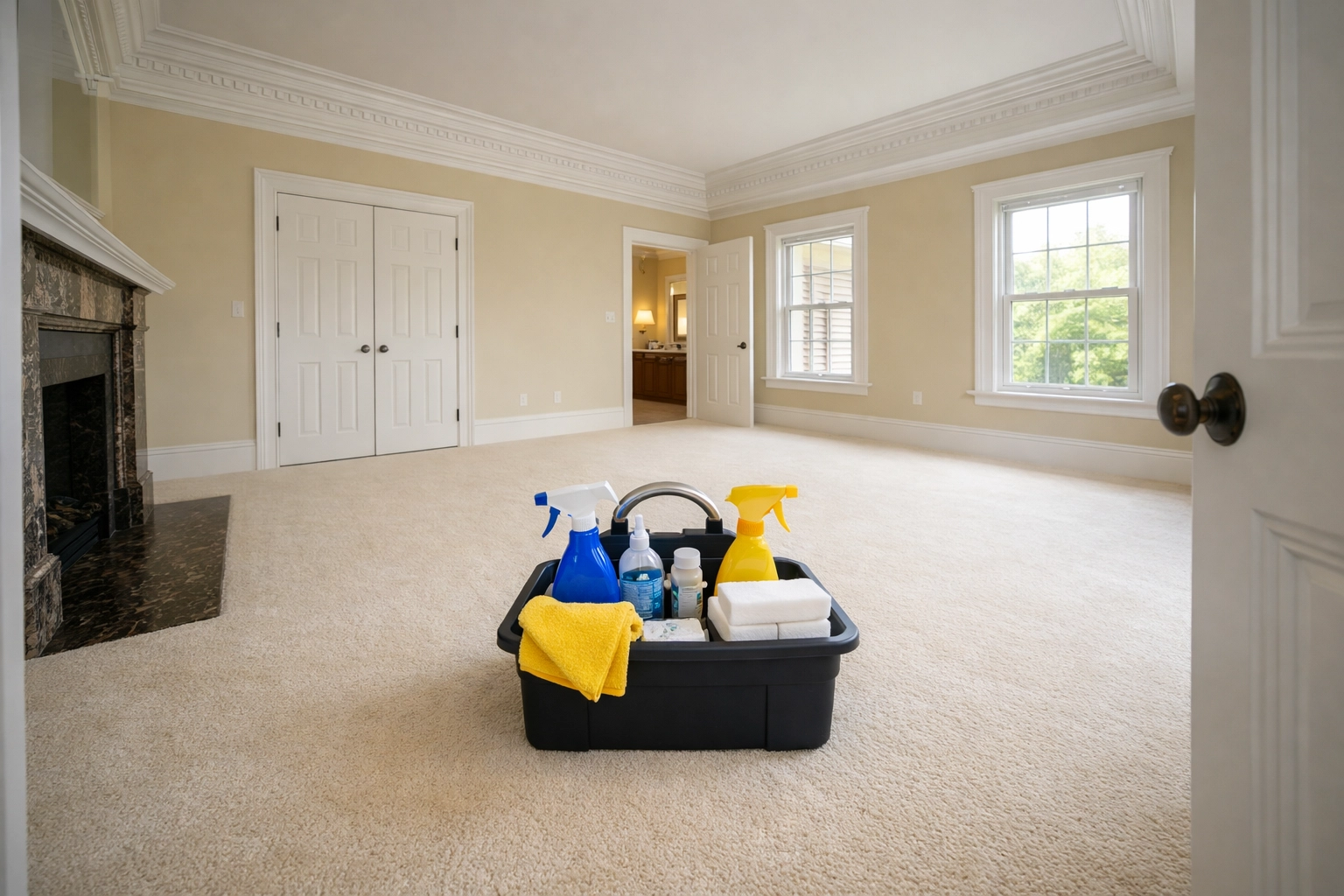 Professional move-in cleaning Lowell equipment in a historic bedroom with pristine white molding.