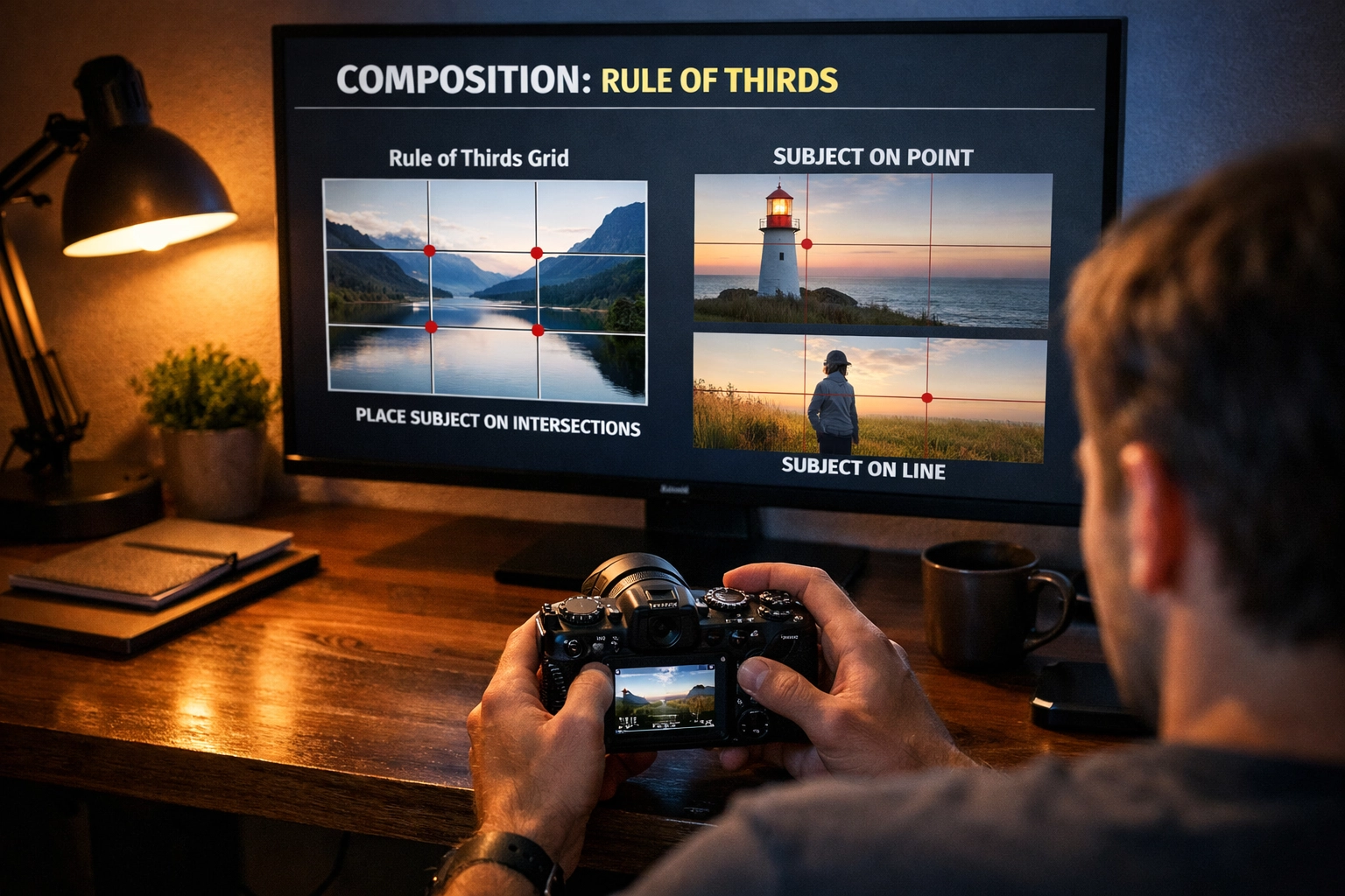 Student learning composition through online photography tutorials at a digital photography school.