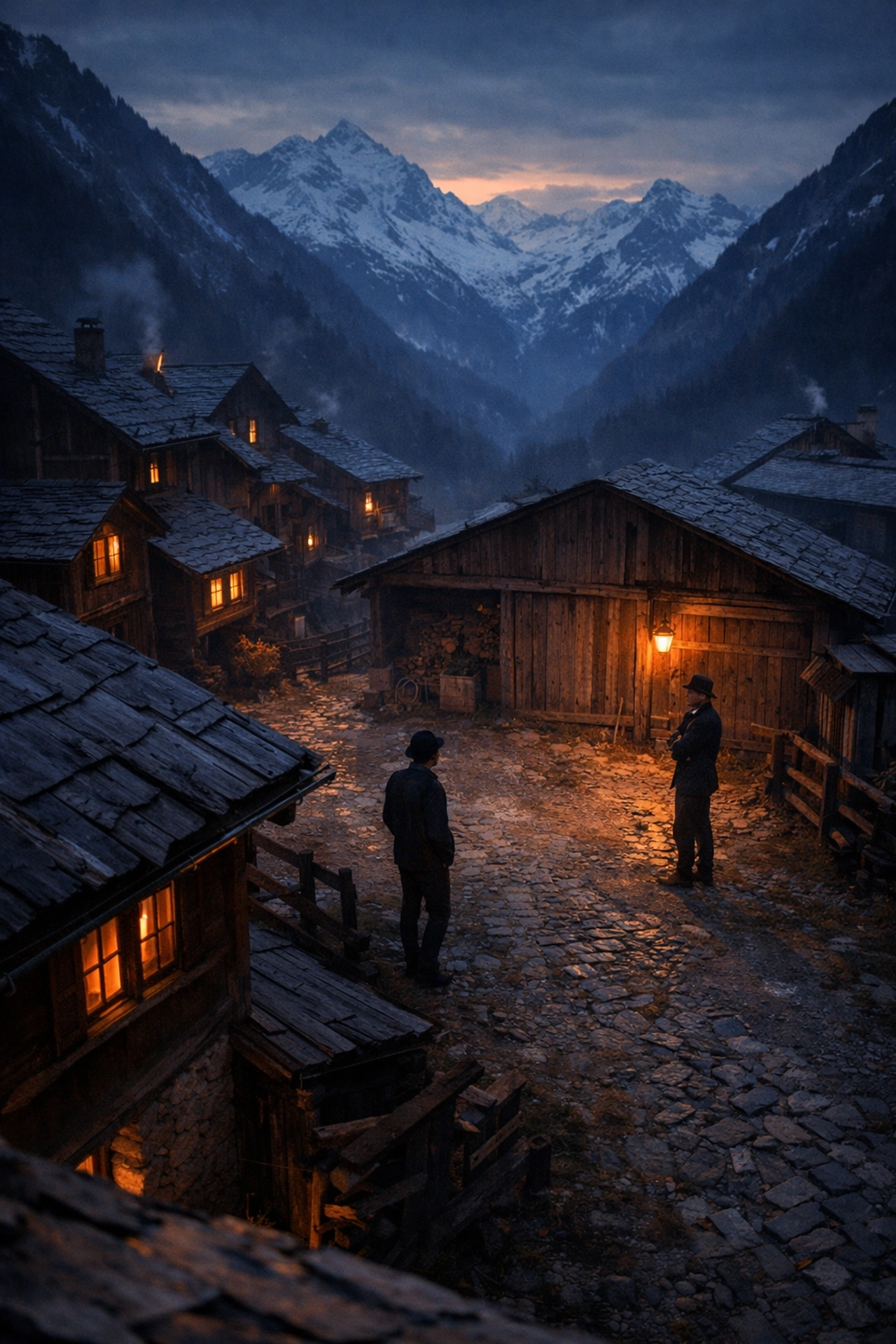 Historical Swiss Alpine village at dusk with two men in forbidden MM romance setting