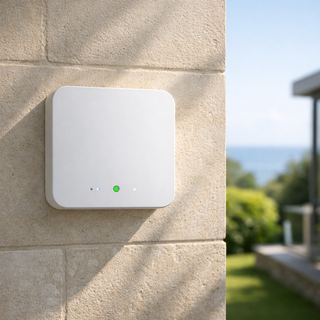 Minimalist white smart alarm hub professionally installed in a modern Torquay home for property protection.