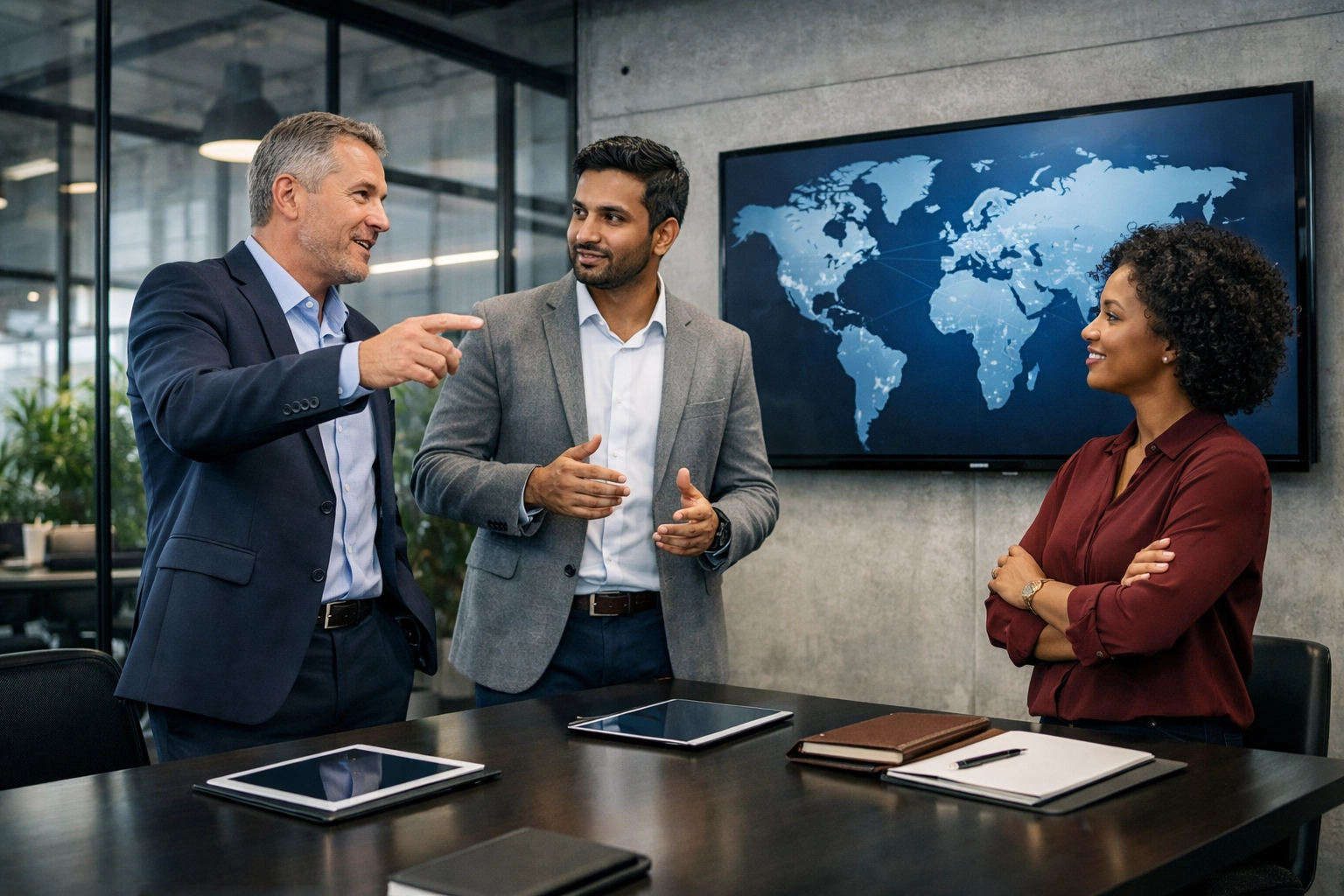 Dakdan Worldwide consultants discussing global business innovation and media strategy in a professional office.