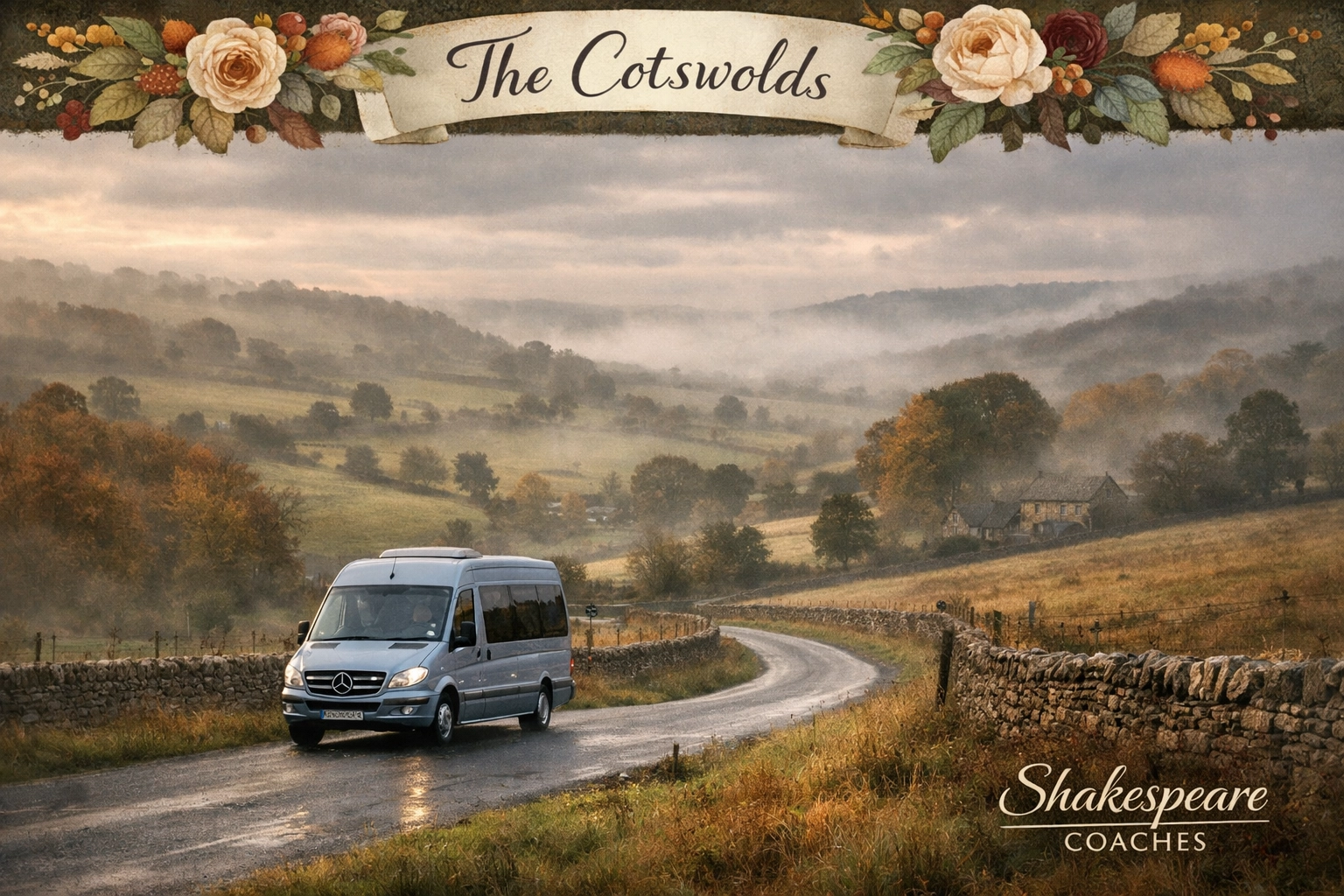 A silver blue minibus touring the misty autumn landscape and rolling hills of the English Cotswolds.