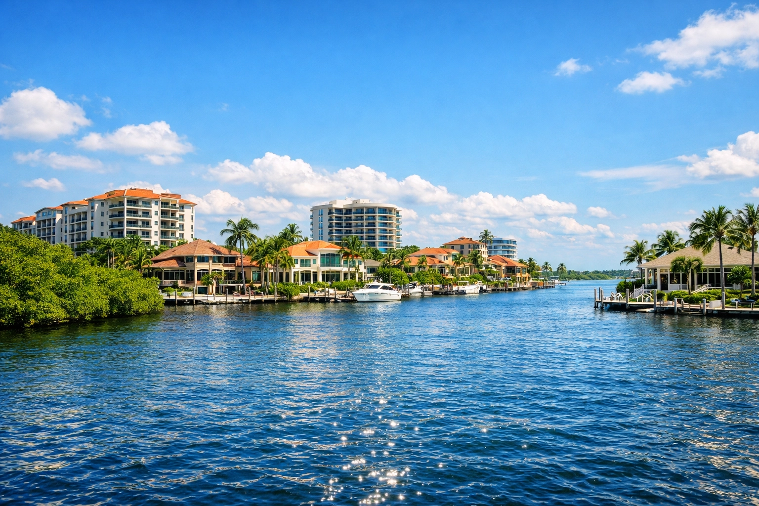 Scenic waterfront real estate and coastal architecture in Cape Coral near the Seven Islands.