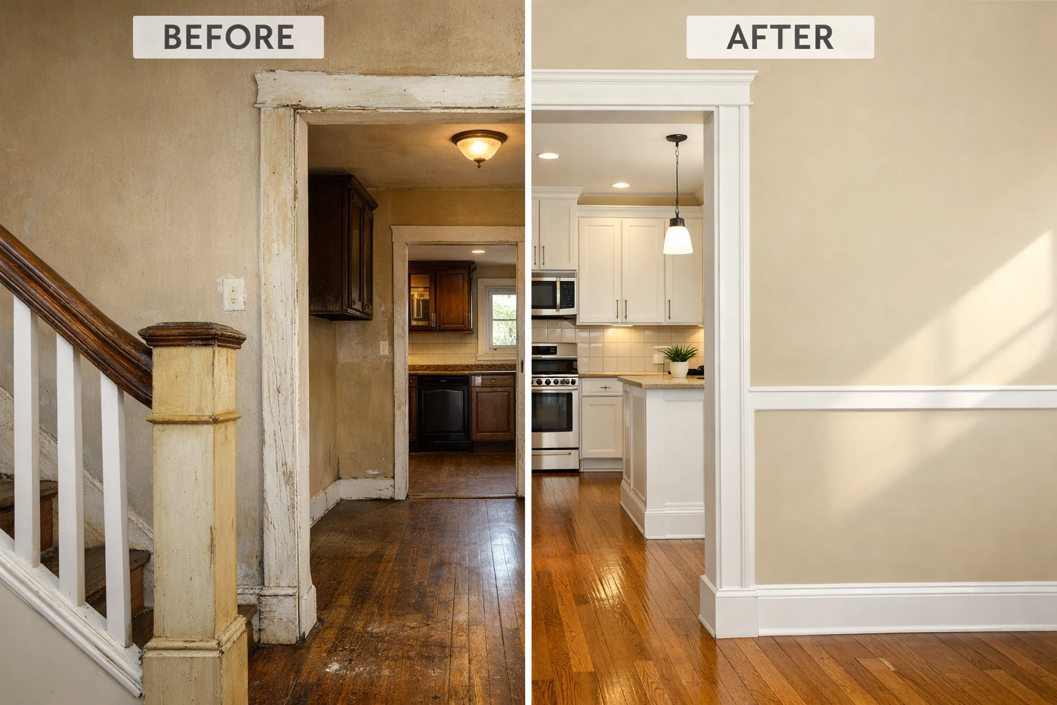 Professional interior painting Atlanta showing painted walls and kitchen cabinets