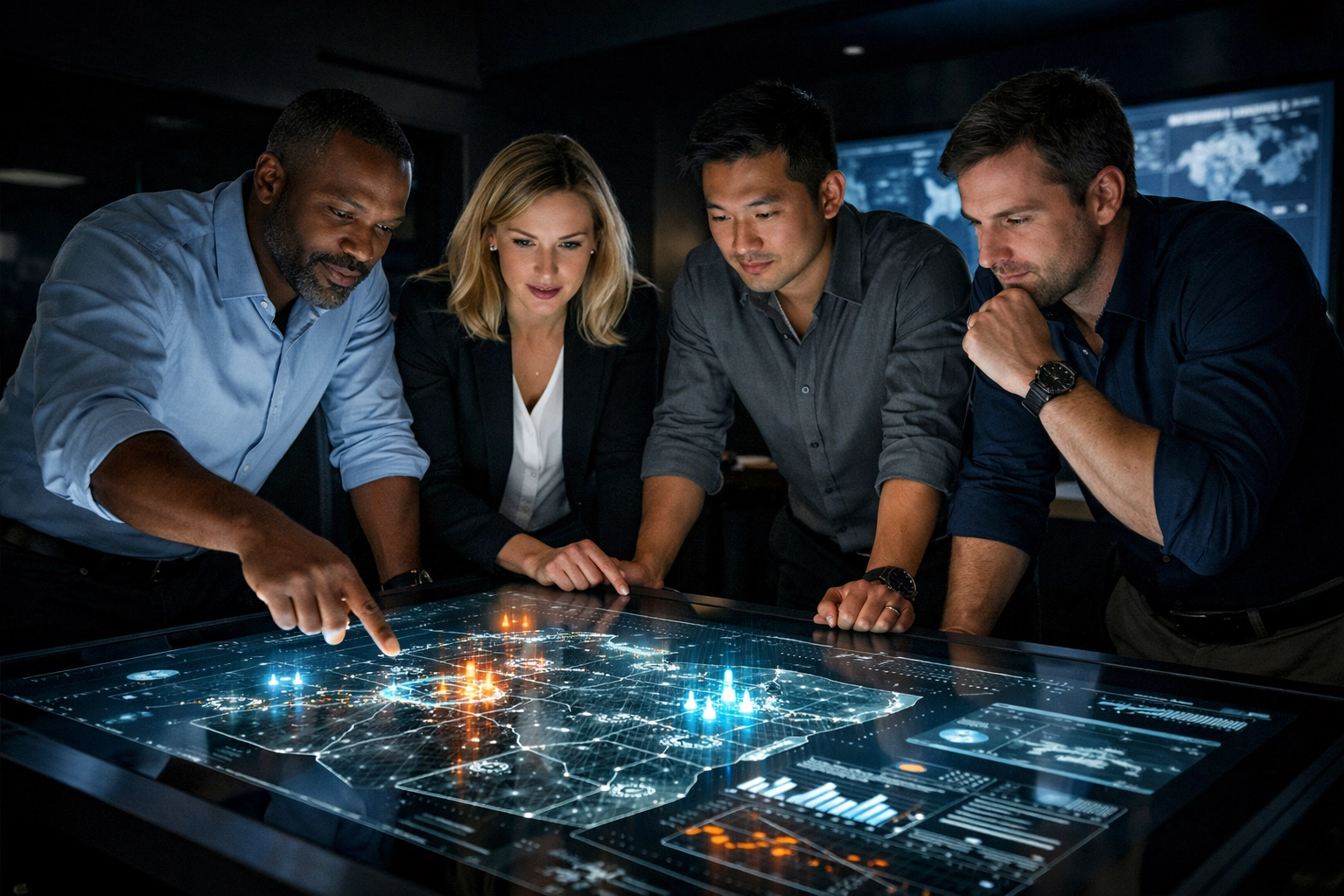 Business strategists collaborating on data-driven branding and sports media advertising strategies.