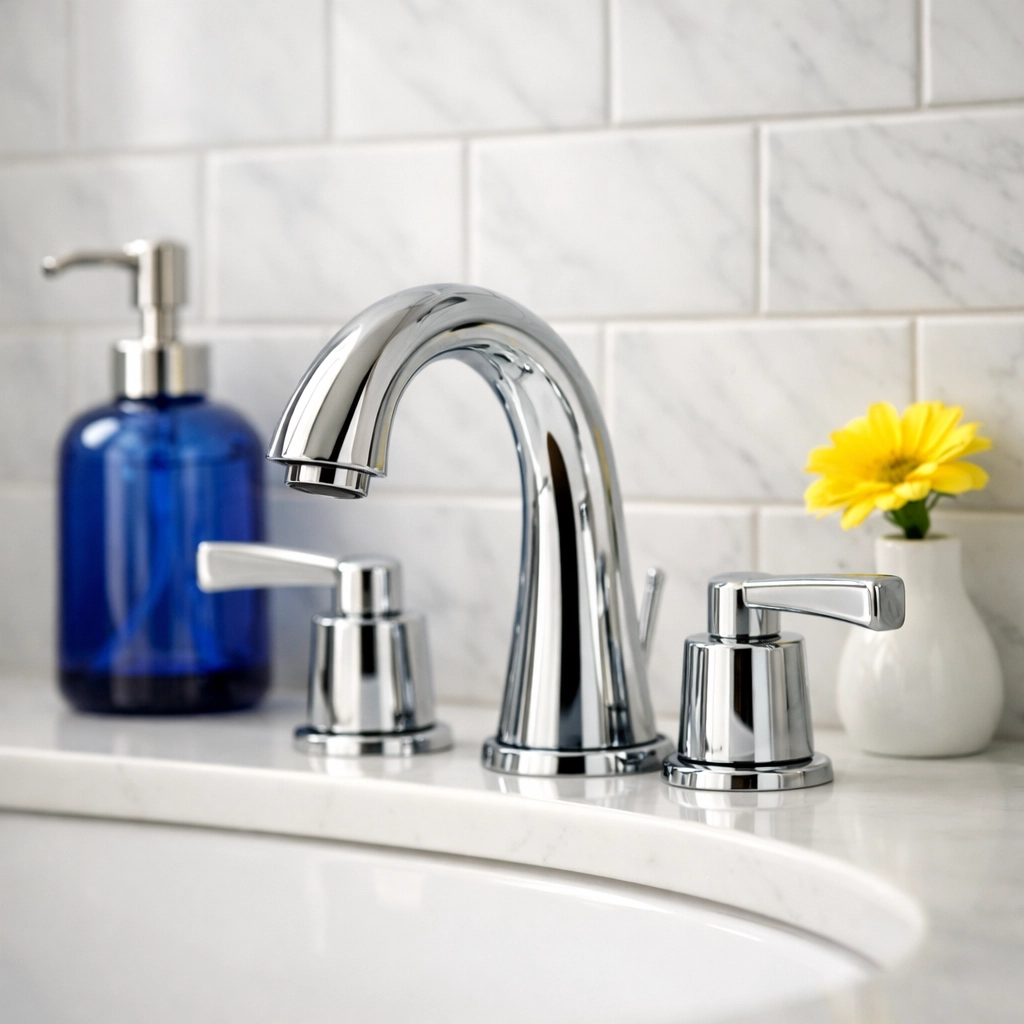 Immaculate luxury bathroom vanity with clean marble tiles, a key focus for detailed apartment cleaning Boston.