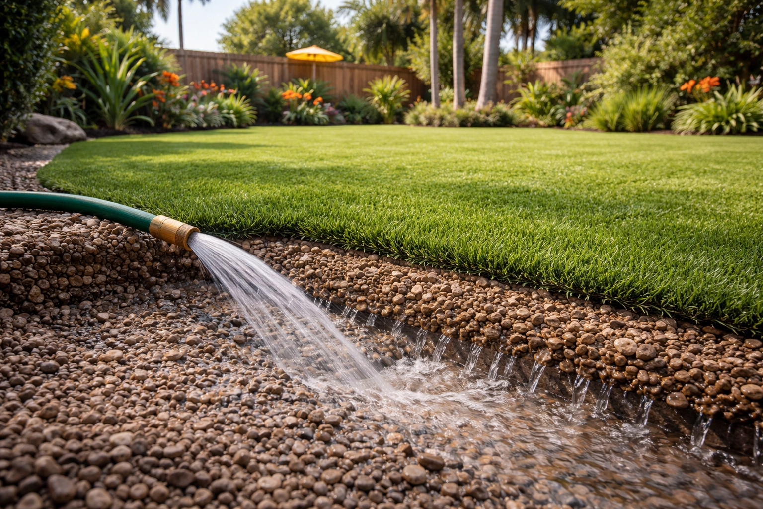 Artificial grass lawn with water draining quickly through permeable gravel